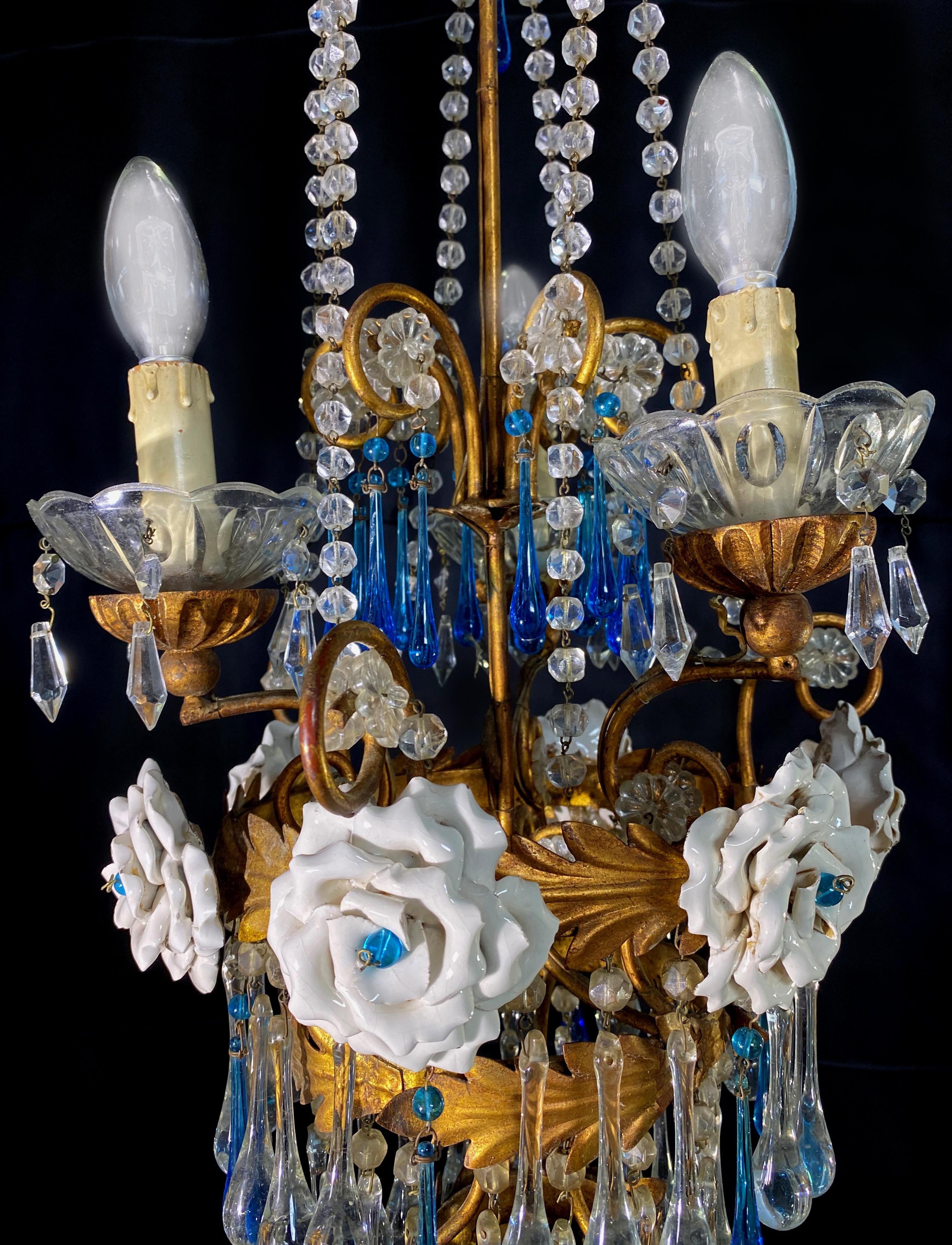 Painted Lovely Chandelier with White Roses and Blue Drops, Murano, 1950s For Sale