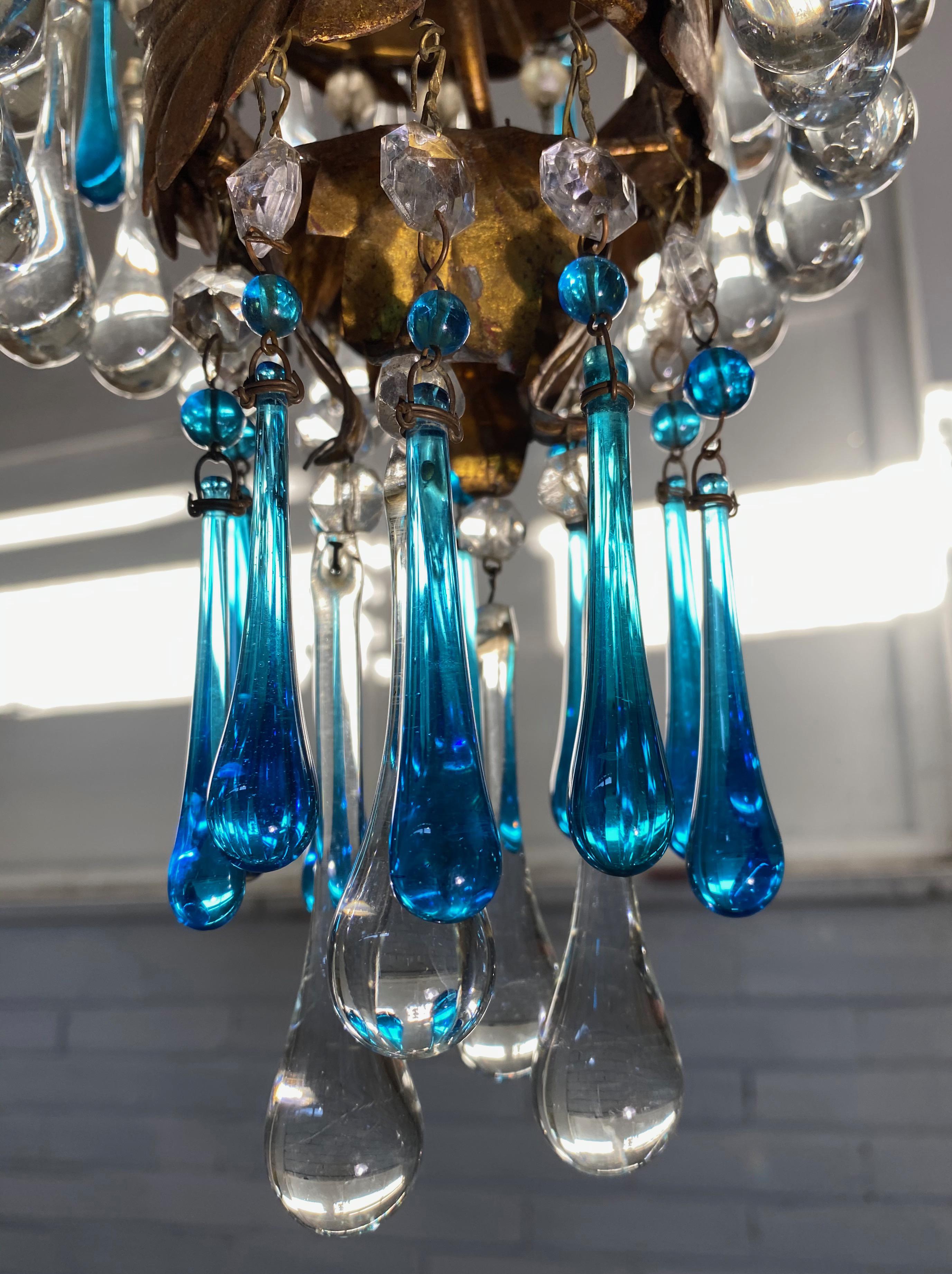 Mid-20th Century Lovely Chandelier with White Roses and Blue Drops, Murano, 1950s For Sale