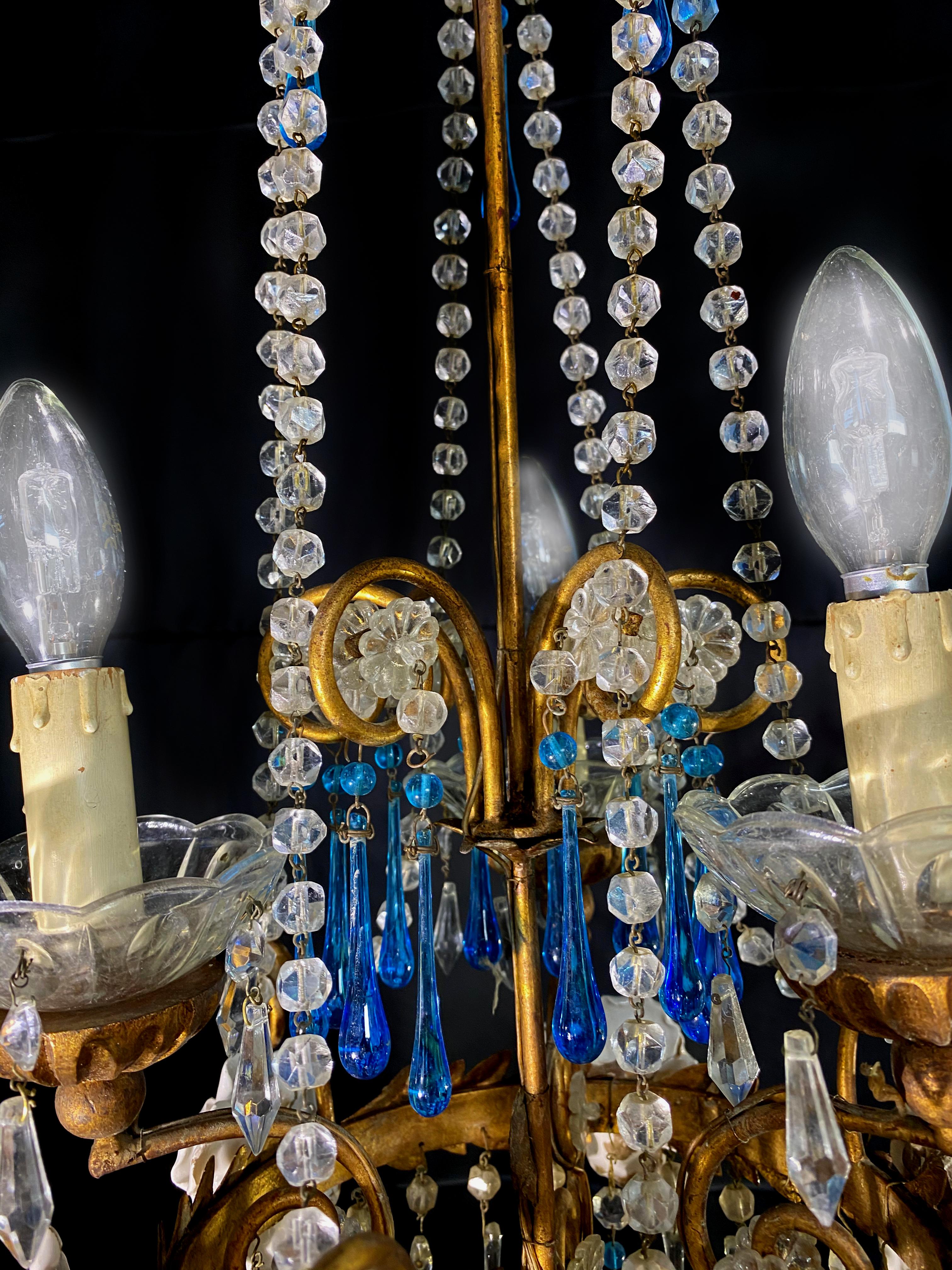 Murano Glass Lovely Chandelier with White Roses and Blue Drops, Murano, 1950s For Sale