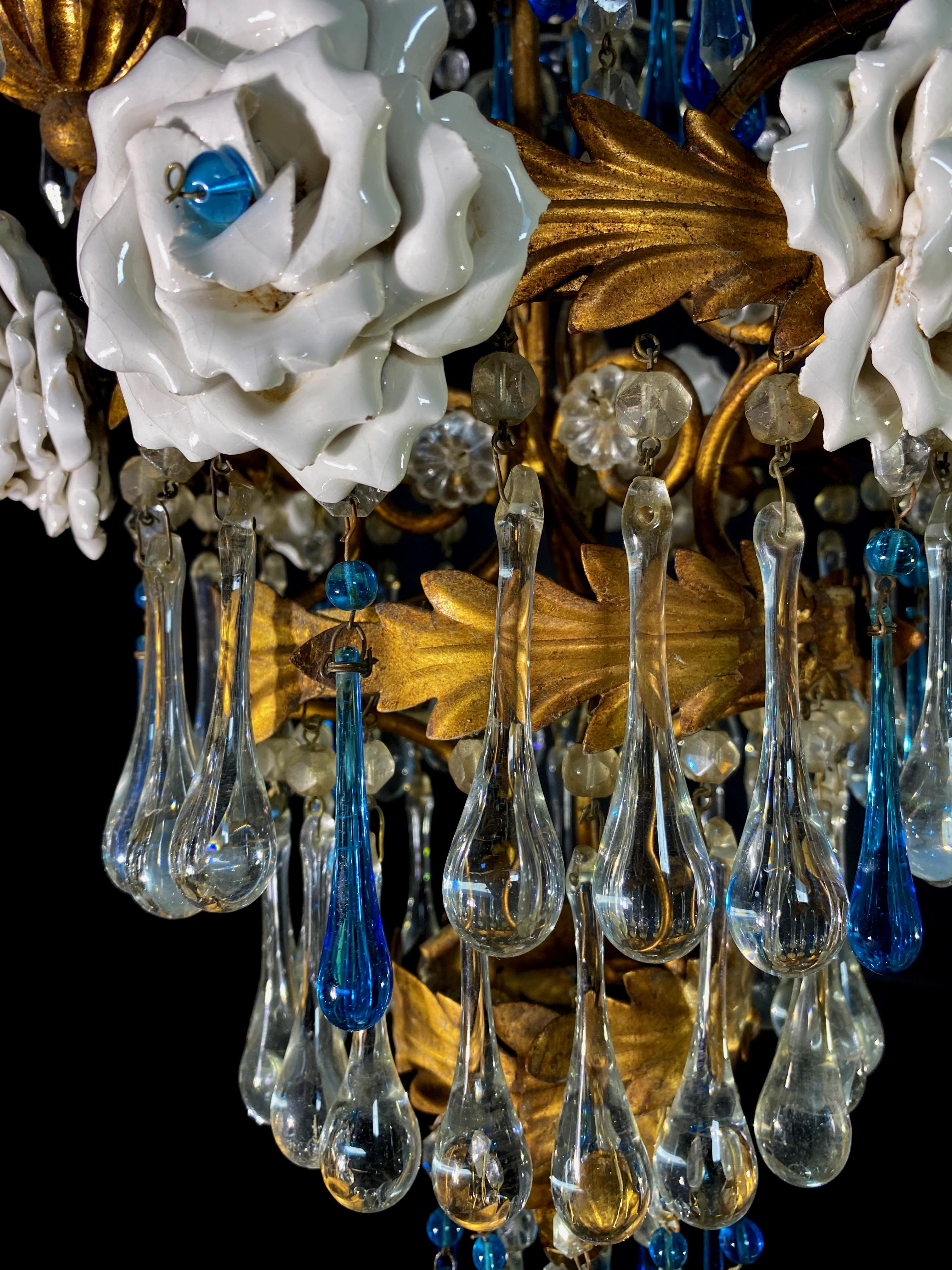 Lovely Chandelier with White Roses and Blue Drops, Murano, 1950s For Sale 2