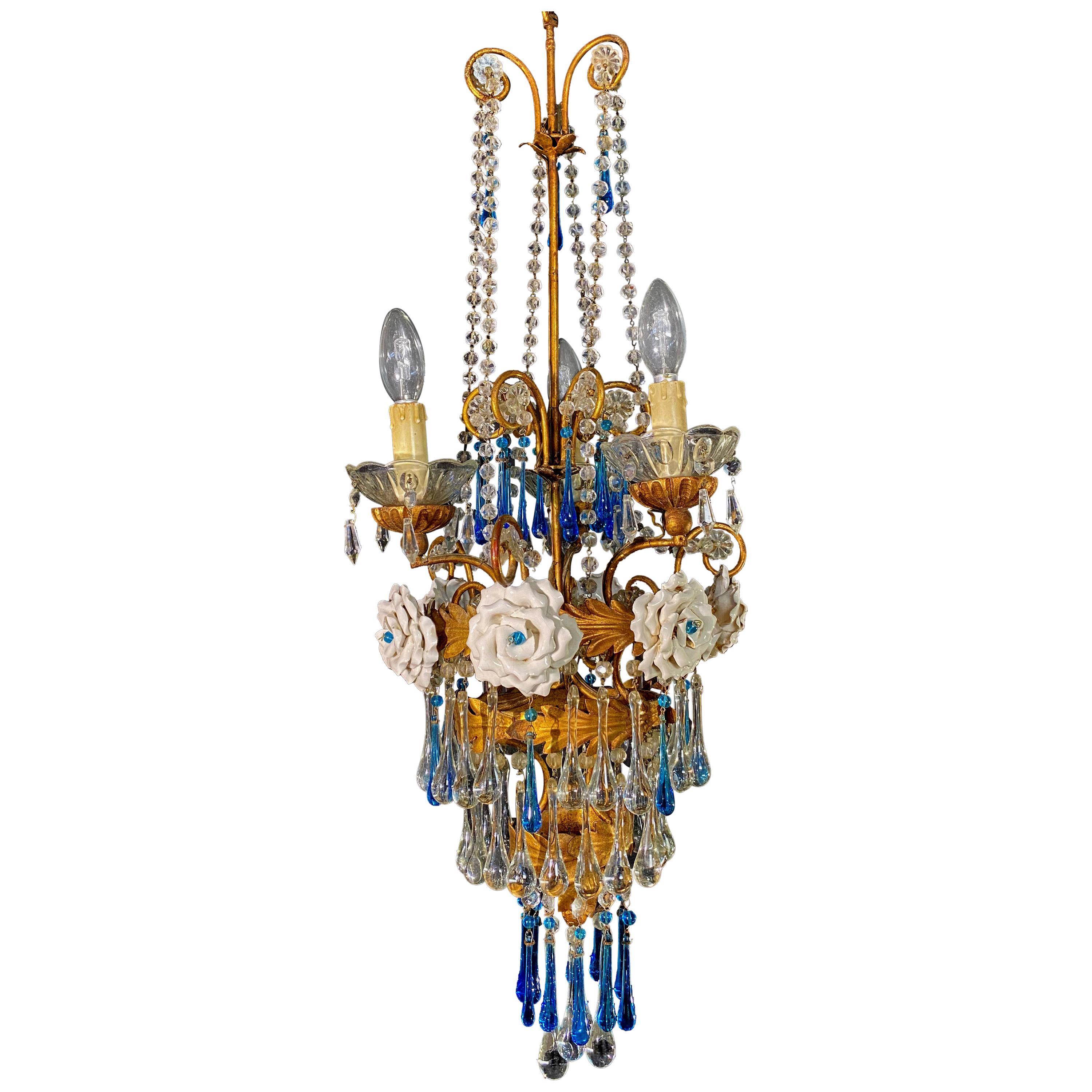 Lovely Chandelier with White Roses and Blue Drops, Murano, 1950s For Sale