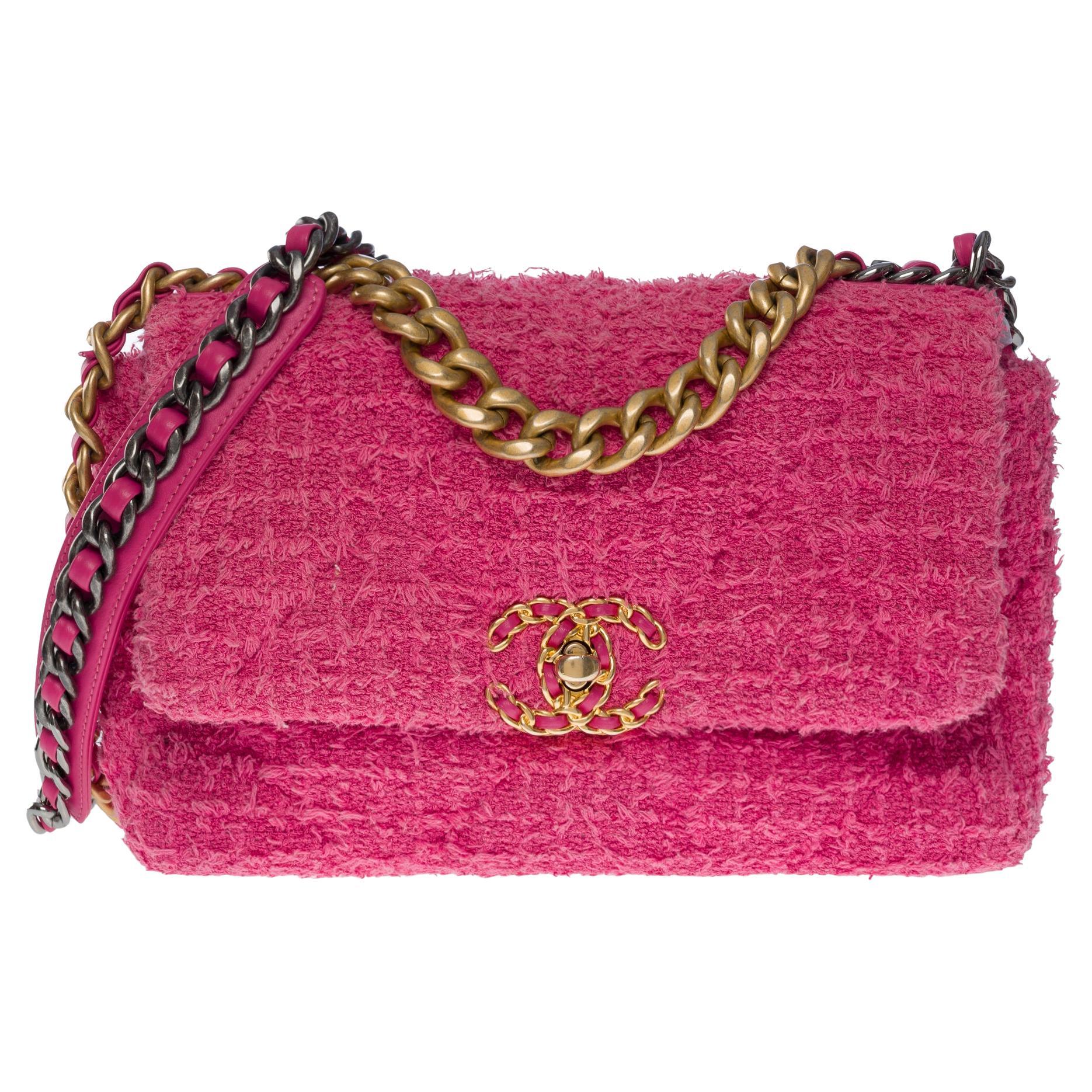 Lovely Chanel 19 shoulder bag in pink quilted cotton canvas , Matt