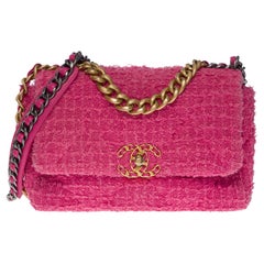 Schöne Chanel 19 Umhängetasche aus rosa gestepptem Baumwoll-Canvas, mattem Gold und SHW