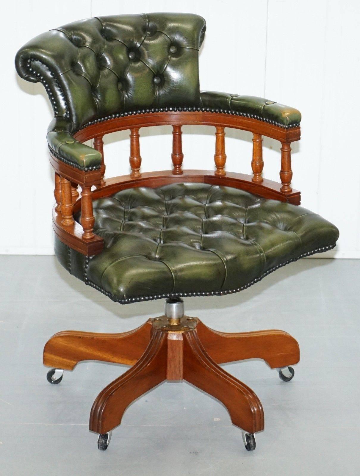 Lovely Chesterfield Directors Green Leather Executive Captains Office Chair 5