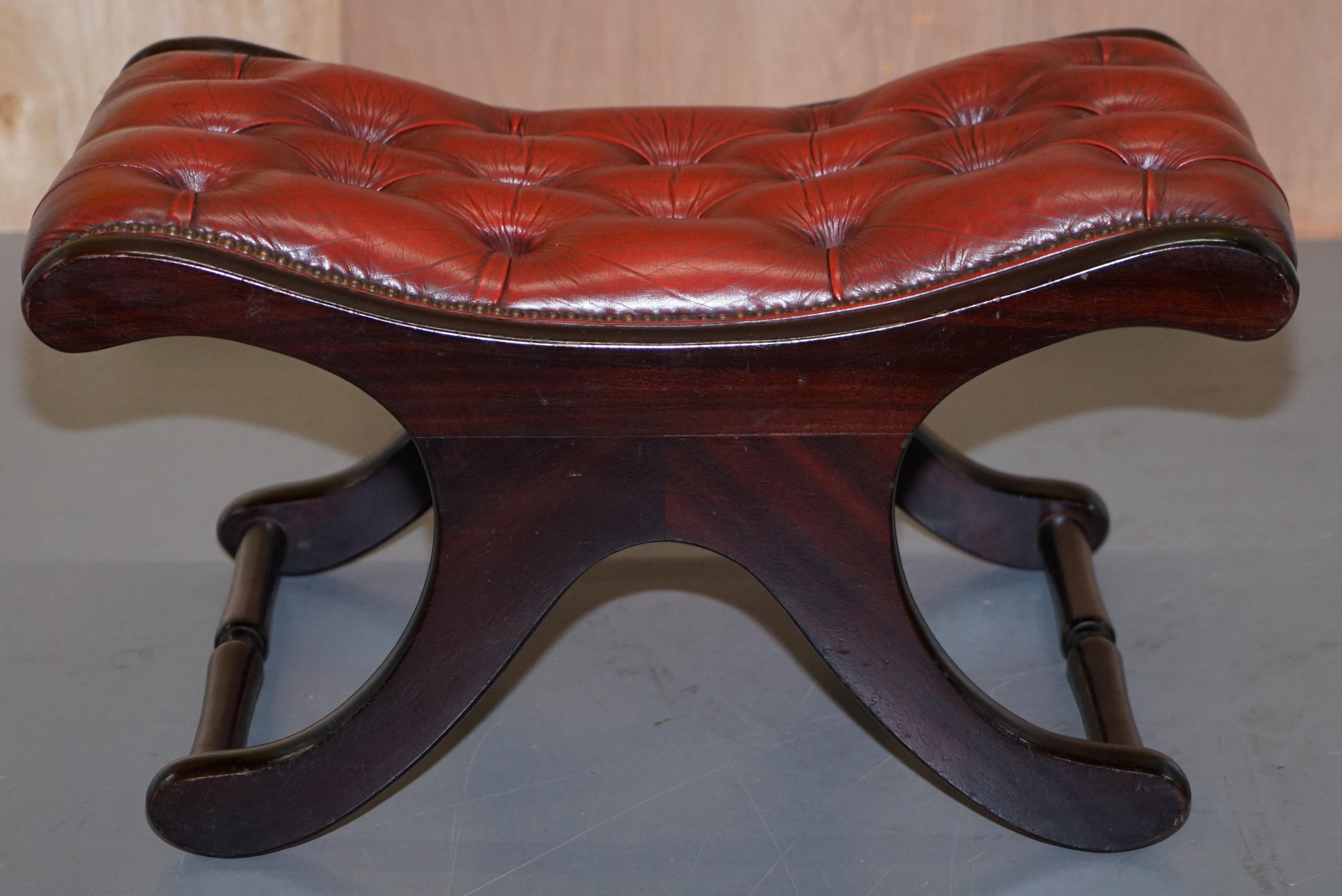 Hand-Crafted Lovely Chesterfield Oxblood Leather & Mahogany Curved Footstool Footrest Stool
