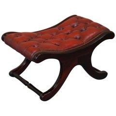 Lovely Chesterfield Oxblood Leather & Mahogany Curved Footstool Footrest Stool