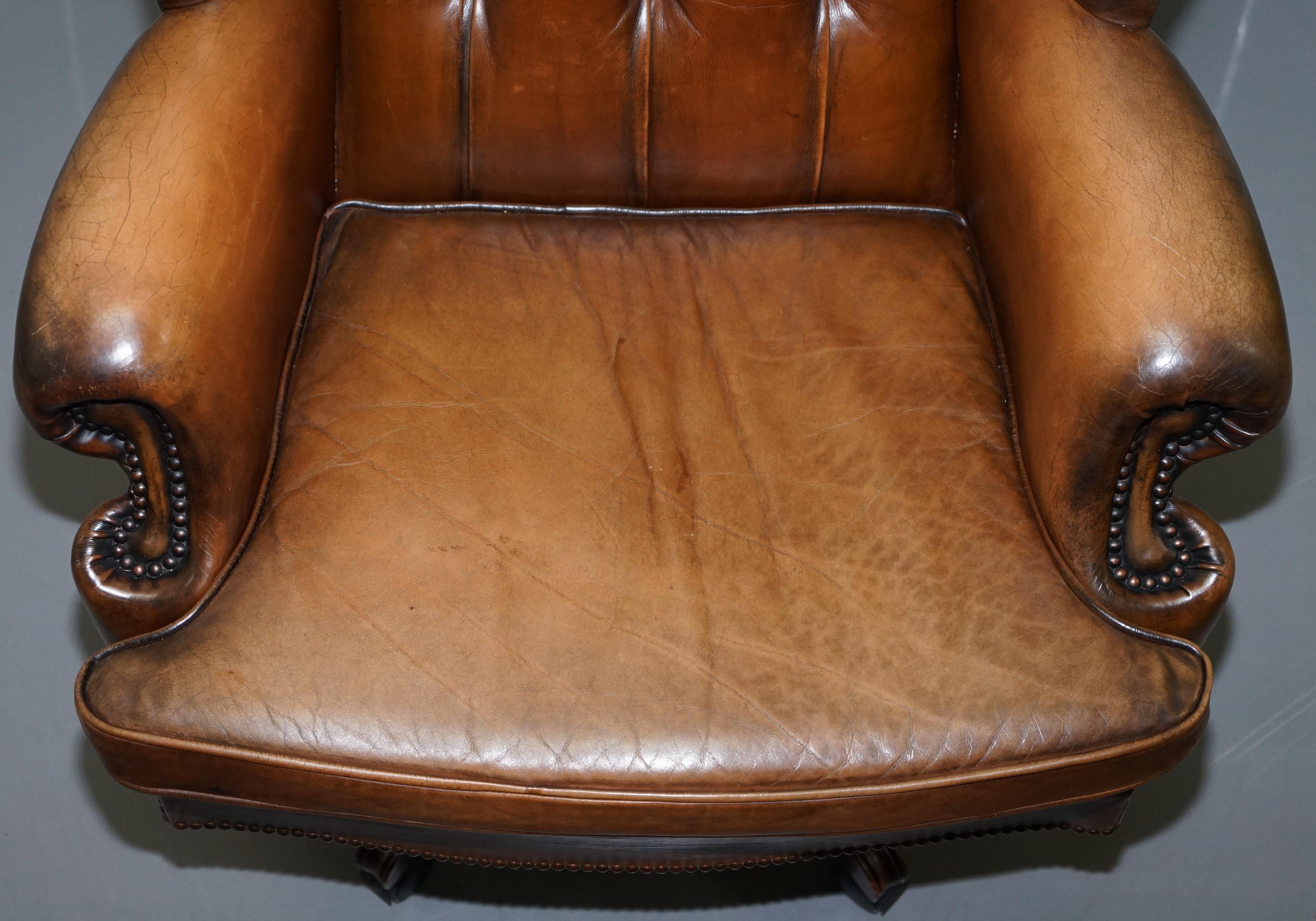 Lovely Chesterfield Presidents High Back Brown Leather Directors Captains Chair In Good Condition In West Sussex, Pulborough