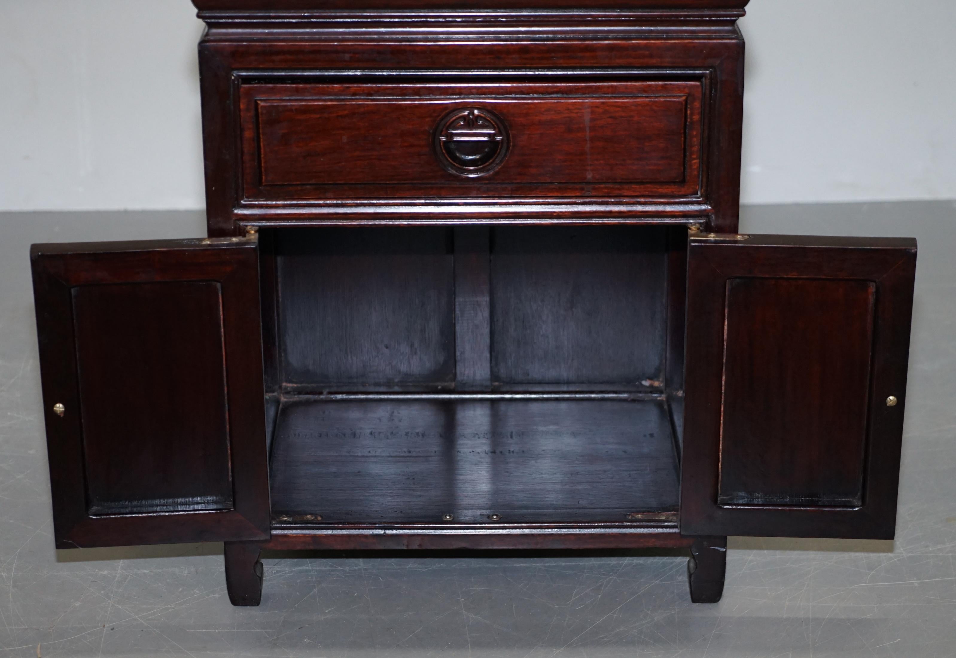 Lovely Chinese Carved Red Teak Side Table with Small Cupboard and Single Drawer 11