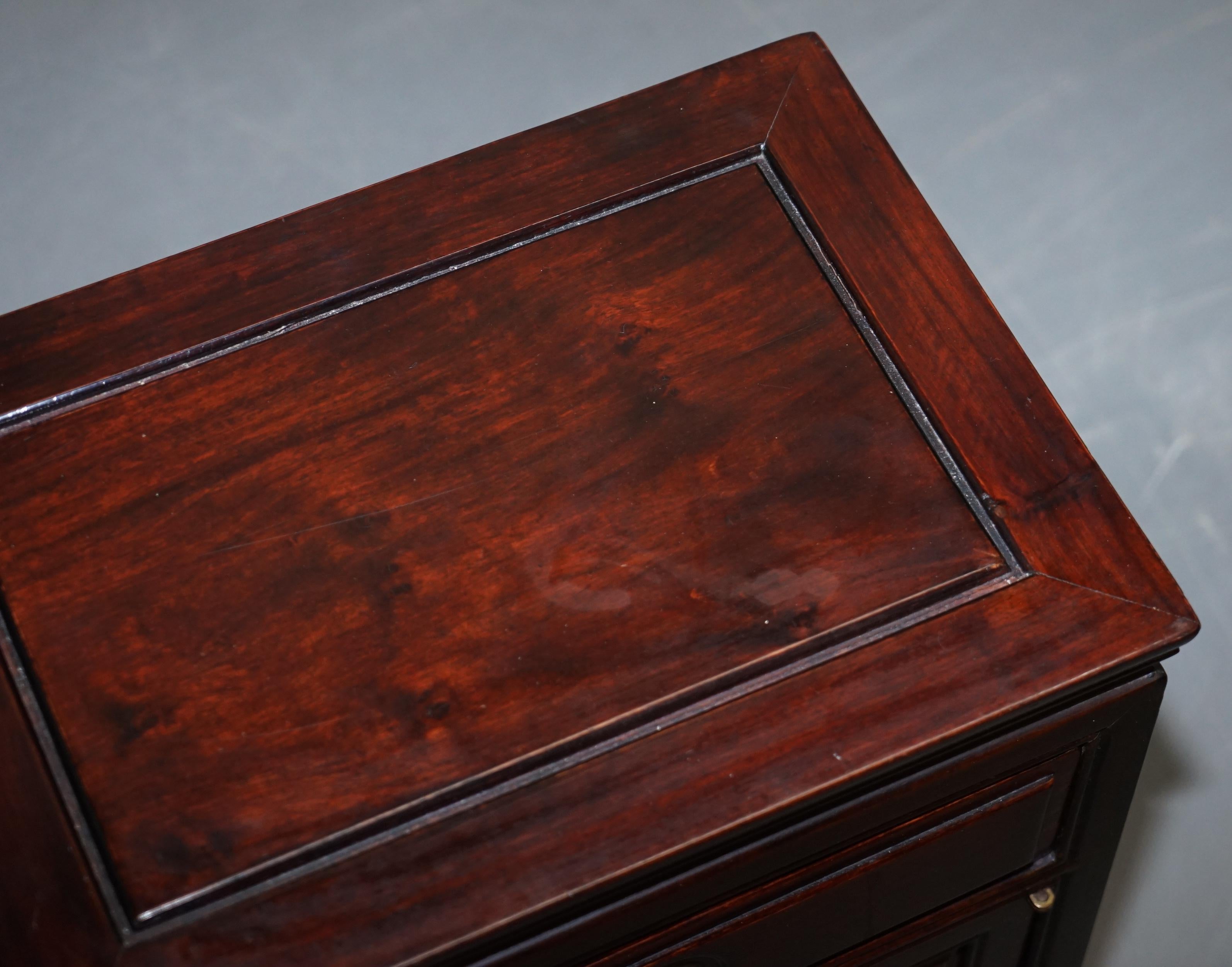 19th Century Lovely Chinese Carved Red Teak Side Table with Small Cupboard and Single Drawer