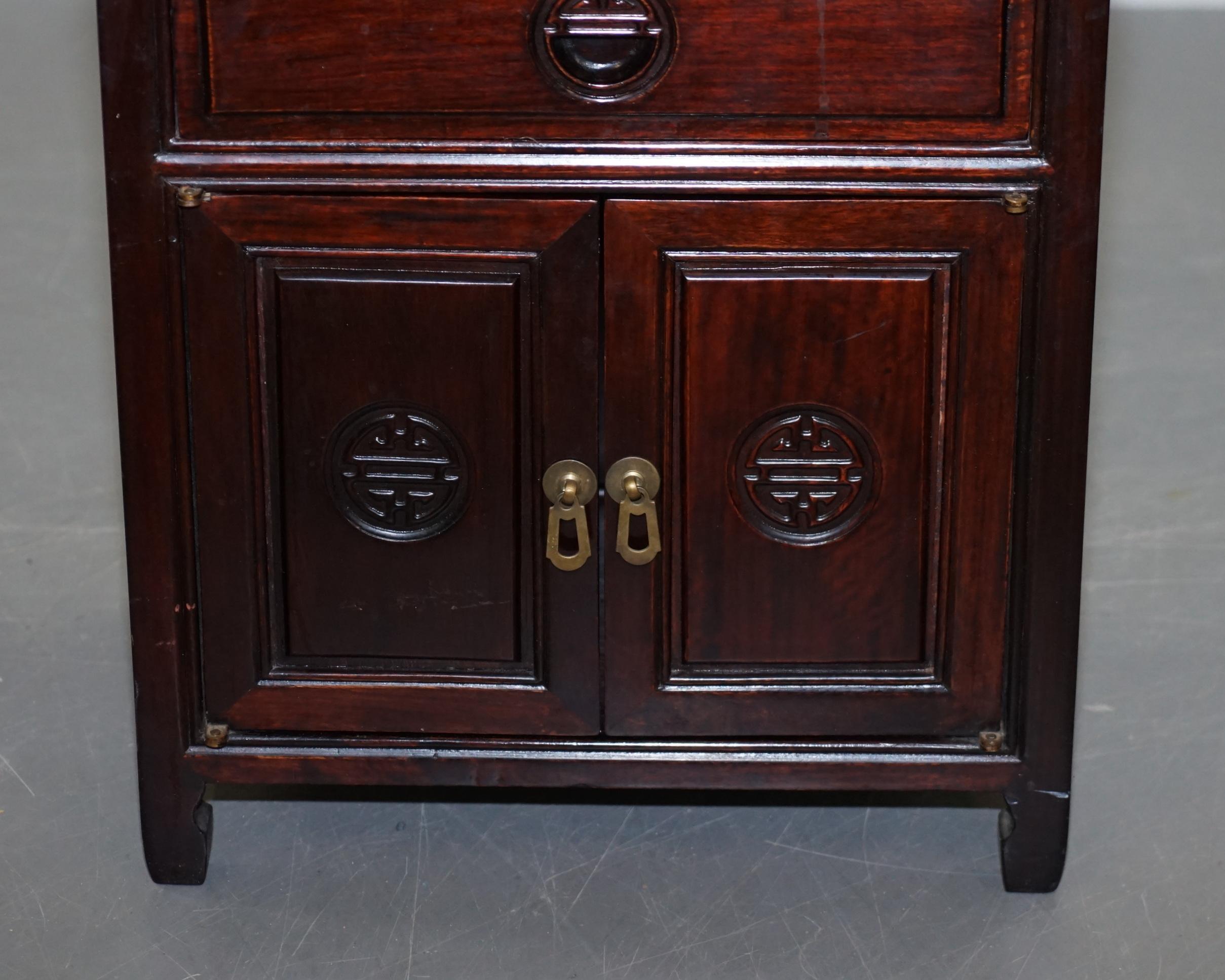 Lovely Chinese Carved Red Teak Side Table with Small Cupboard and Single Drawer 2