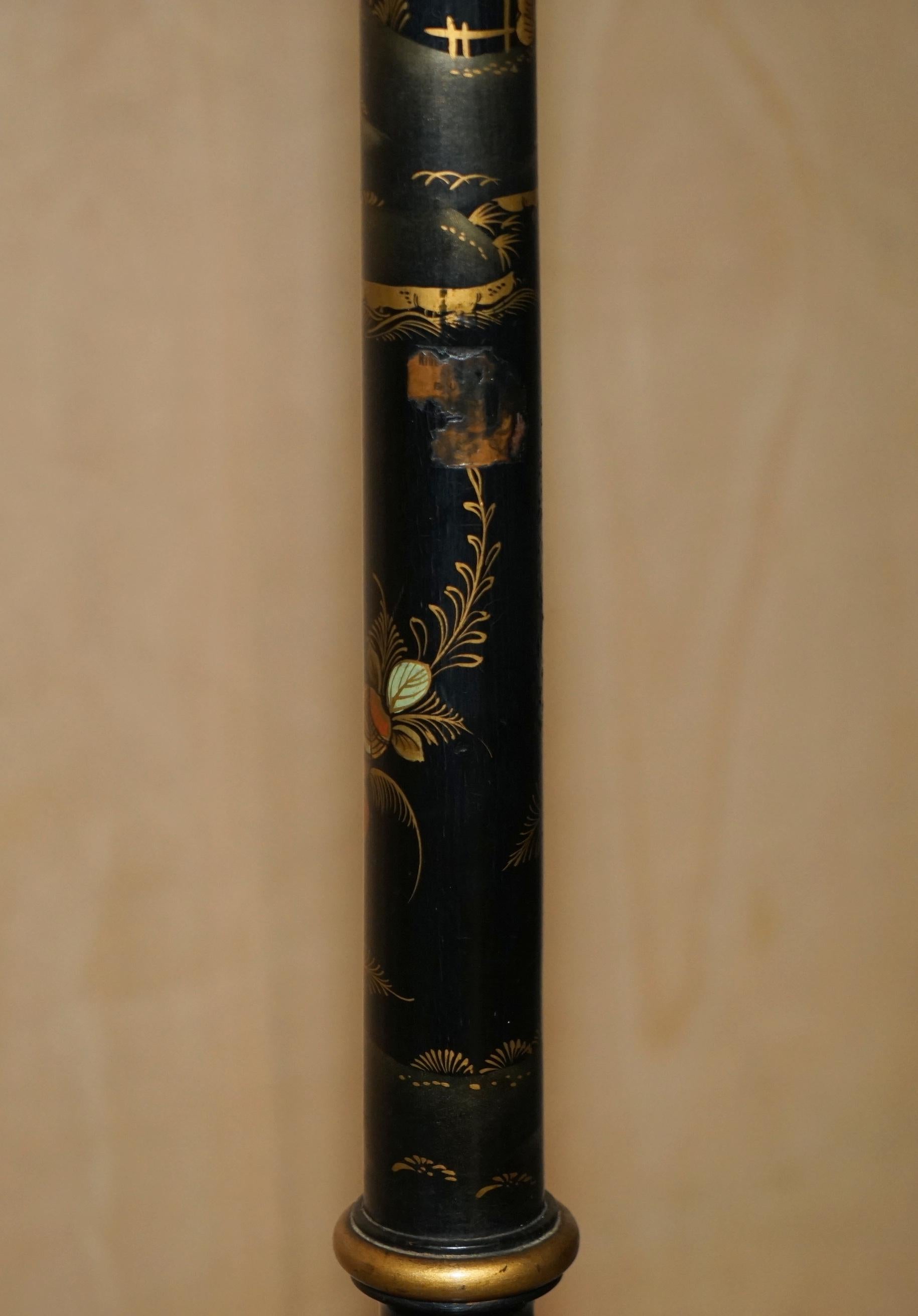 LOVELY CHINESE EXPORT CIRCA 1920 ANTIQUE CHINOiSERIE BLACK LACQUER FLOOR LAMP 3