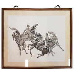 Preciosa Pintura China al Frote o a la Tinta de un Buey Caballo, Siglo XX