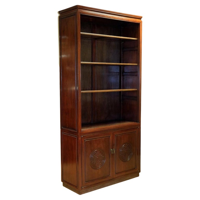 Lovely Chinese Teak Library Bookcase on Plinth Base and Carved