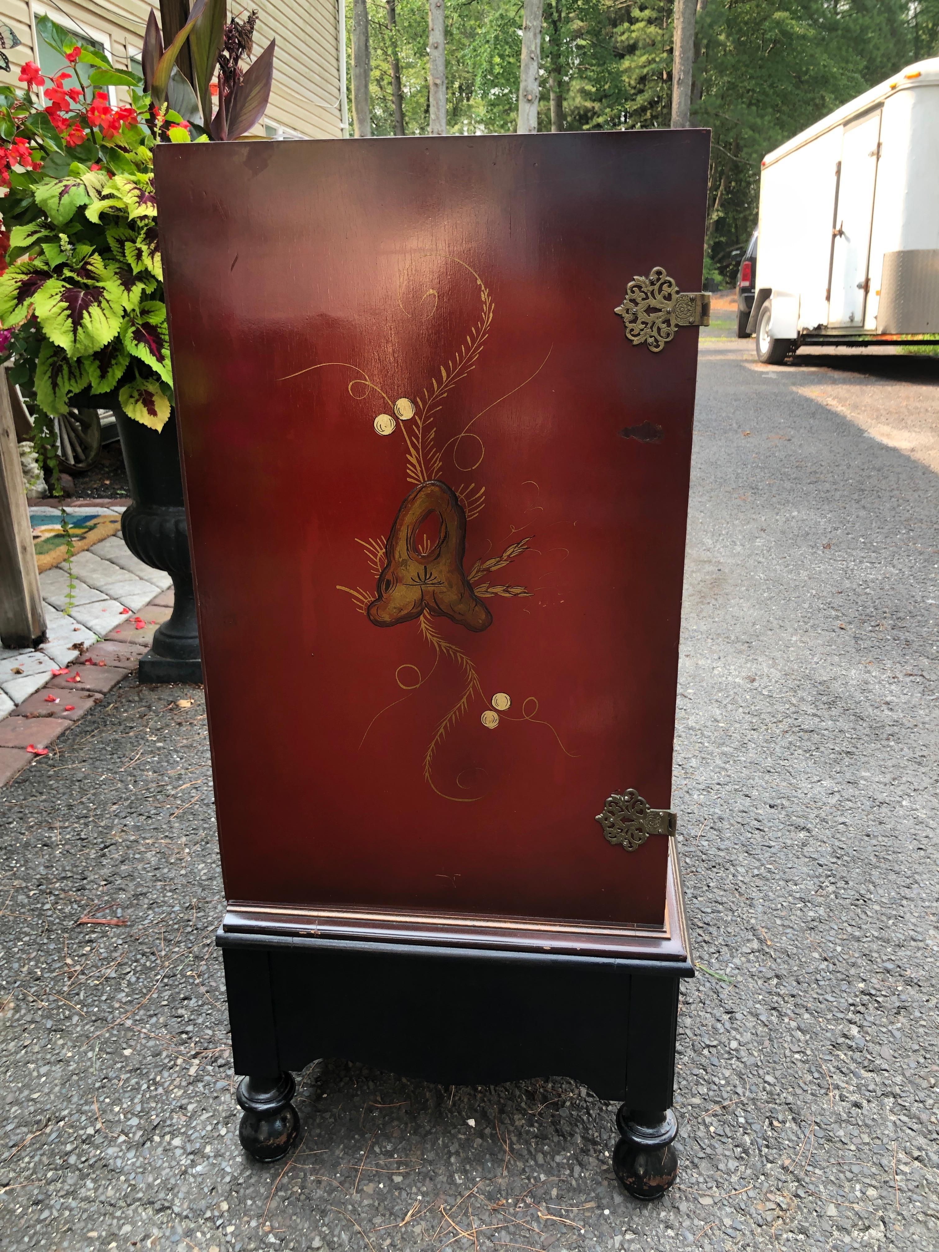 Lacquered Lovely Chinoiserie Bar Linen Cabinet Hand Painted  For Sale