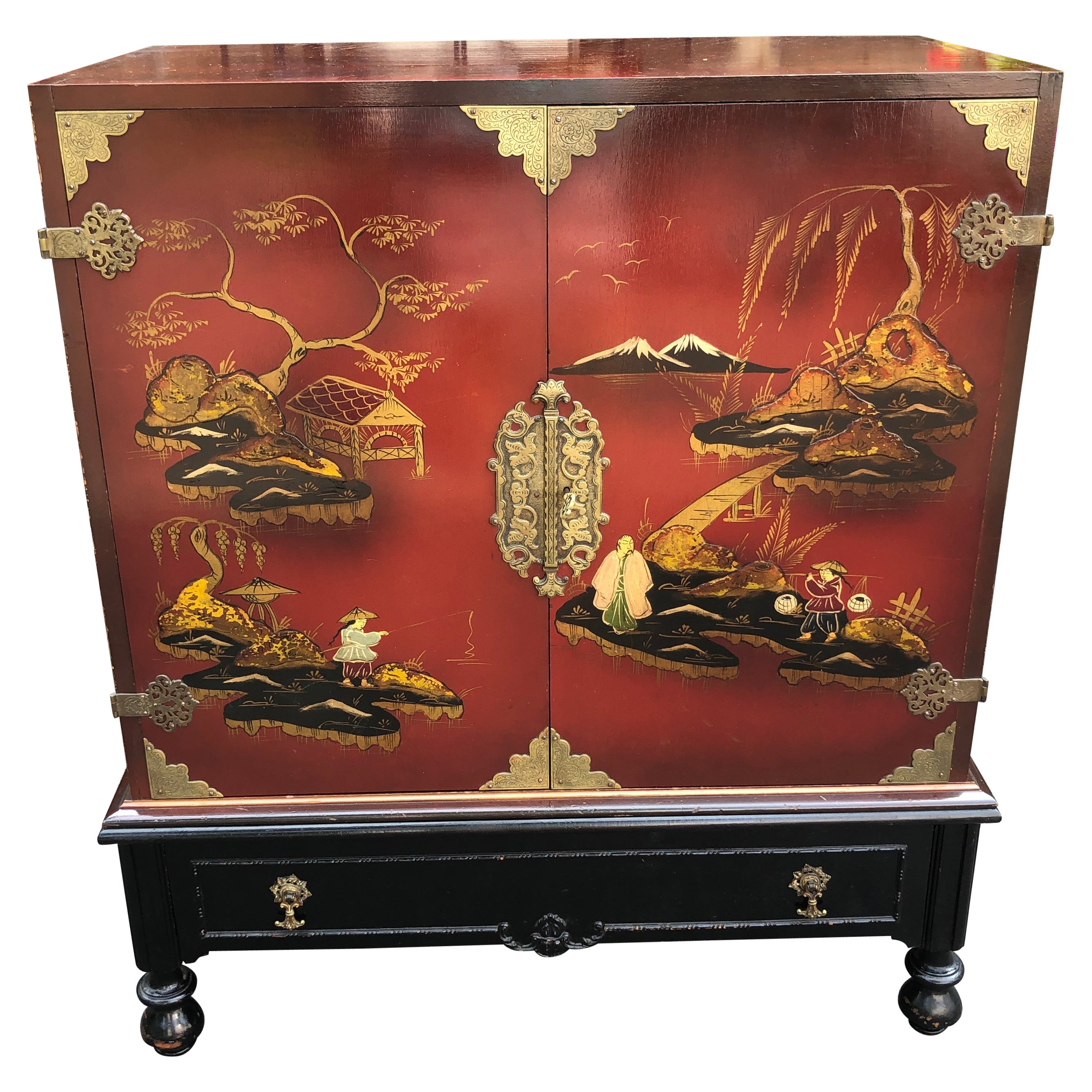 Lovely Chinoiserie Bar Linen Cabinet Hand Painted