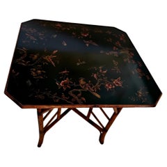Lovely Chinoiserie Lacquered Top and Bamboo Antique Dining or Game Table