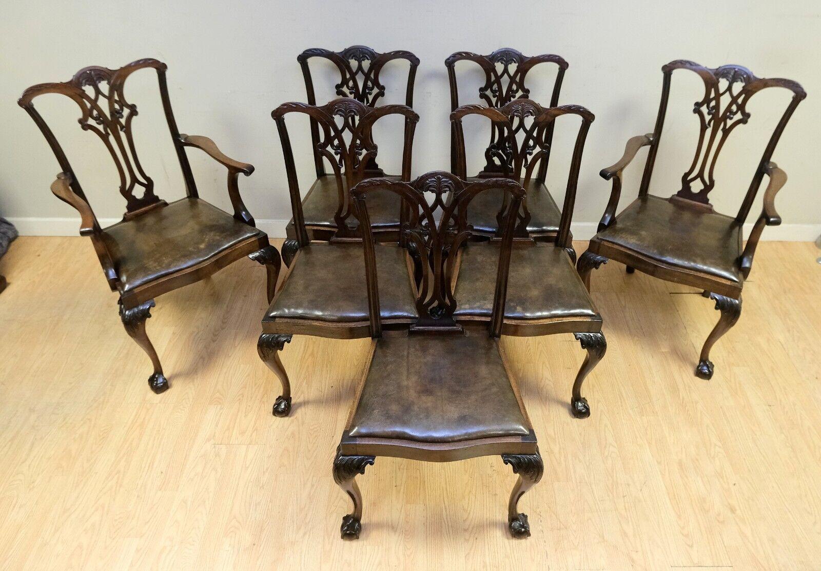 English Lovely Chippendale Style Set of Six Dining Chairs Leather Seats Claw & Ball Feet
