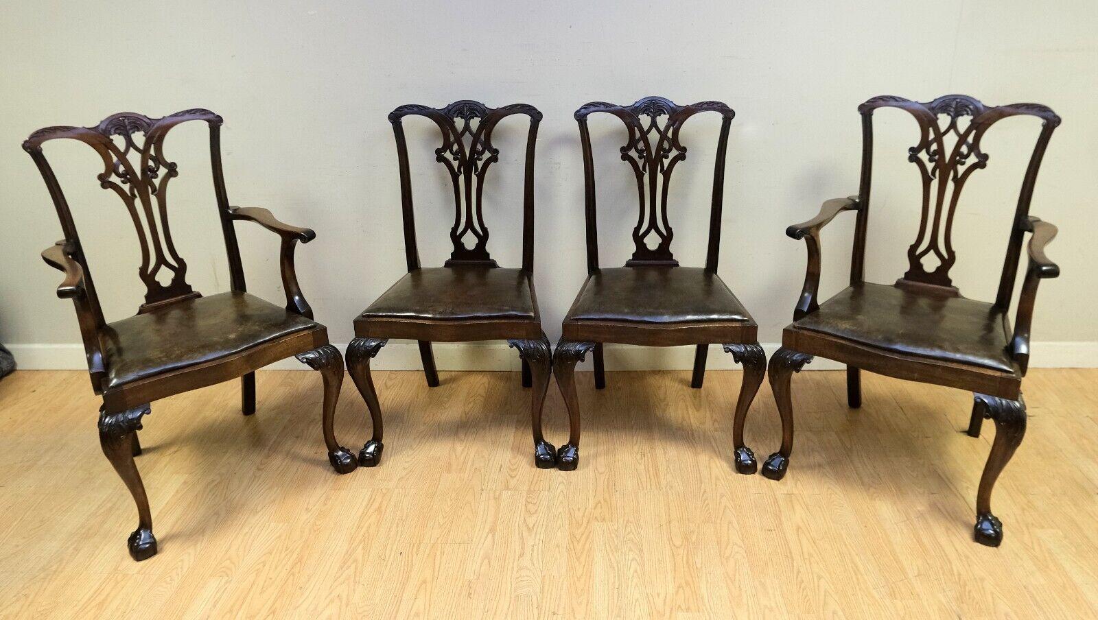 Hand-Crafted Lovely Chippendale Style Set of Six Dining Chairs Leather Seats Claw & Ball Feet