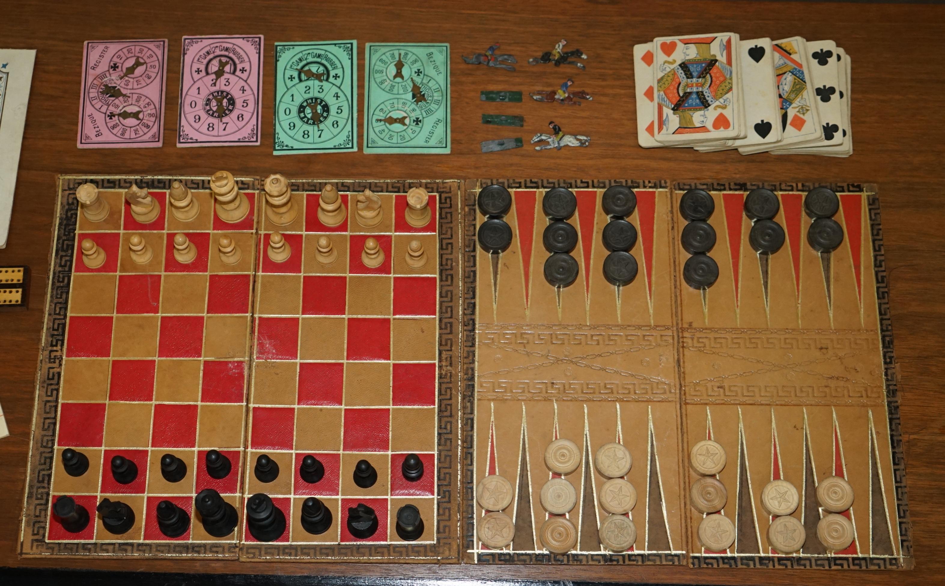High Victorian Lovely circa 1880 Victorian Walnut Games Compendium Chess Horse Racing Dice For Sale