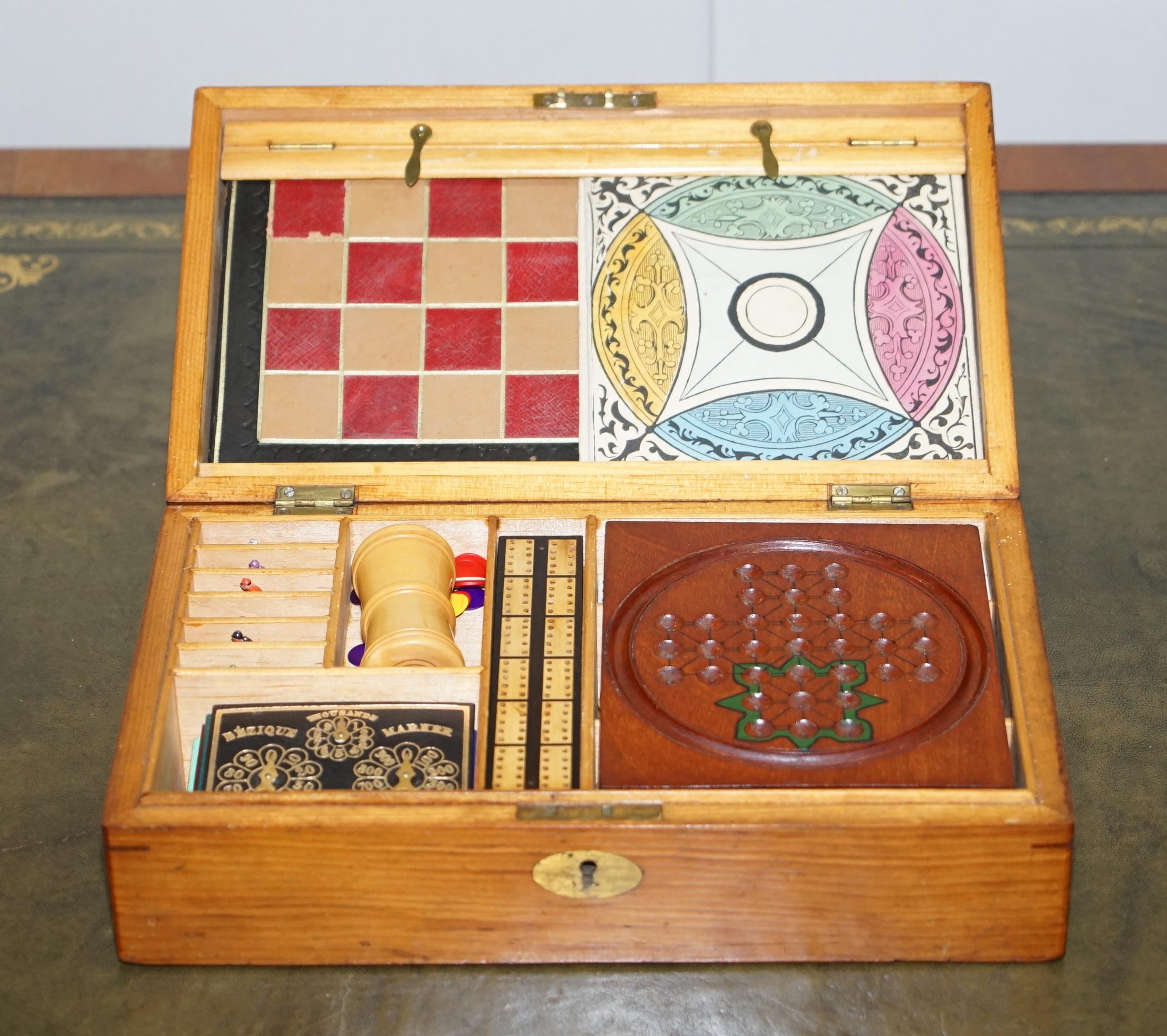 English Lovely circa 1890 Victorian Hardwood Games Compendium Chess Horse Racing Dice For Sale