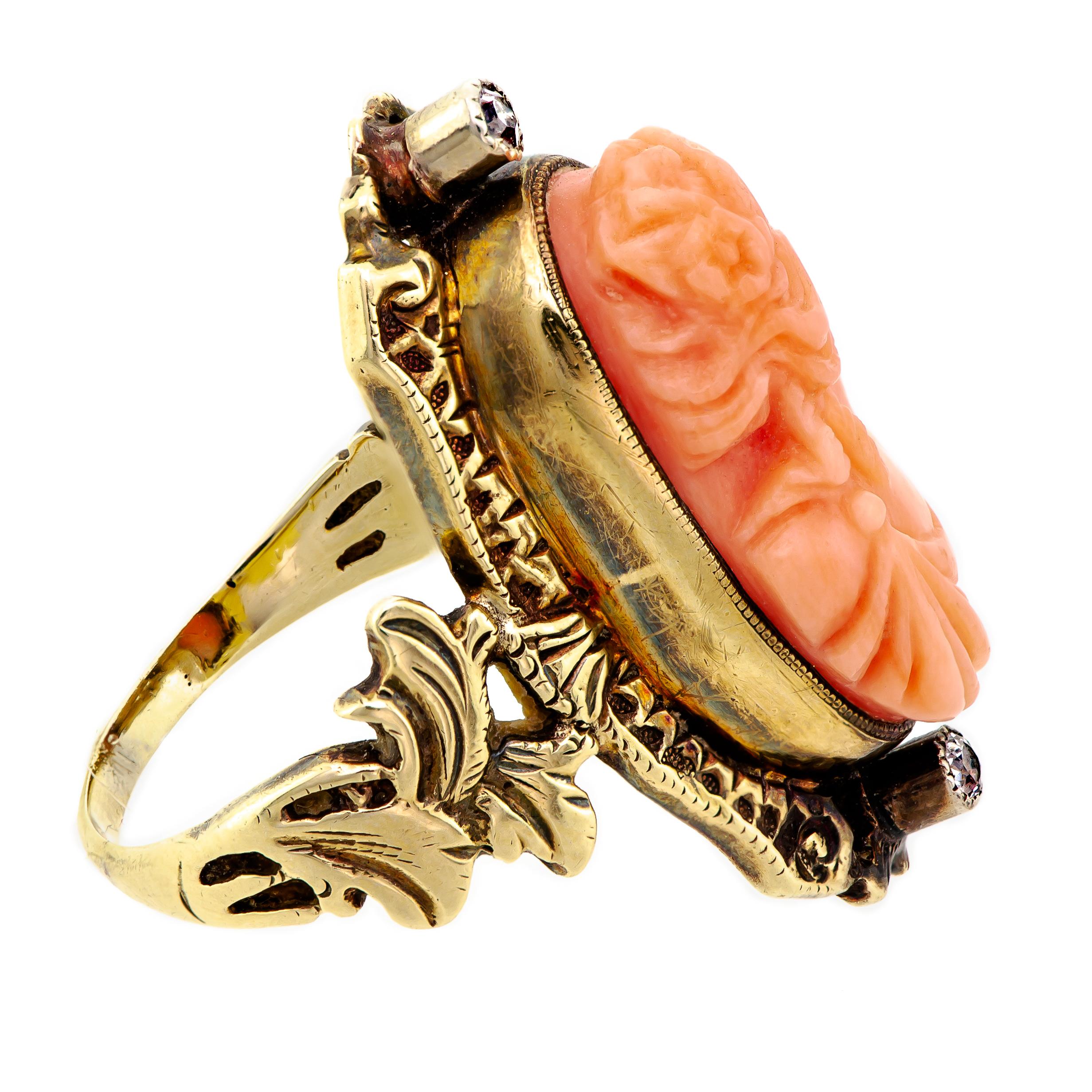Lovely circa 1895 Late Victorian Coral Cameo and Diamond Ring In Good Condition For Sale In Lombard, IL