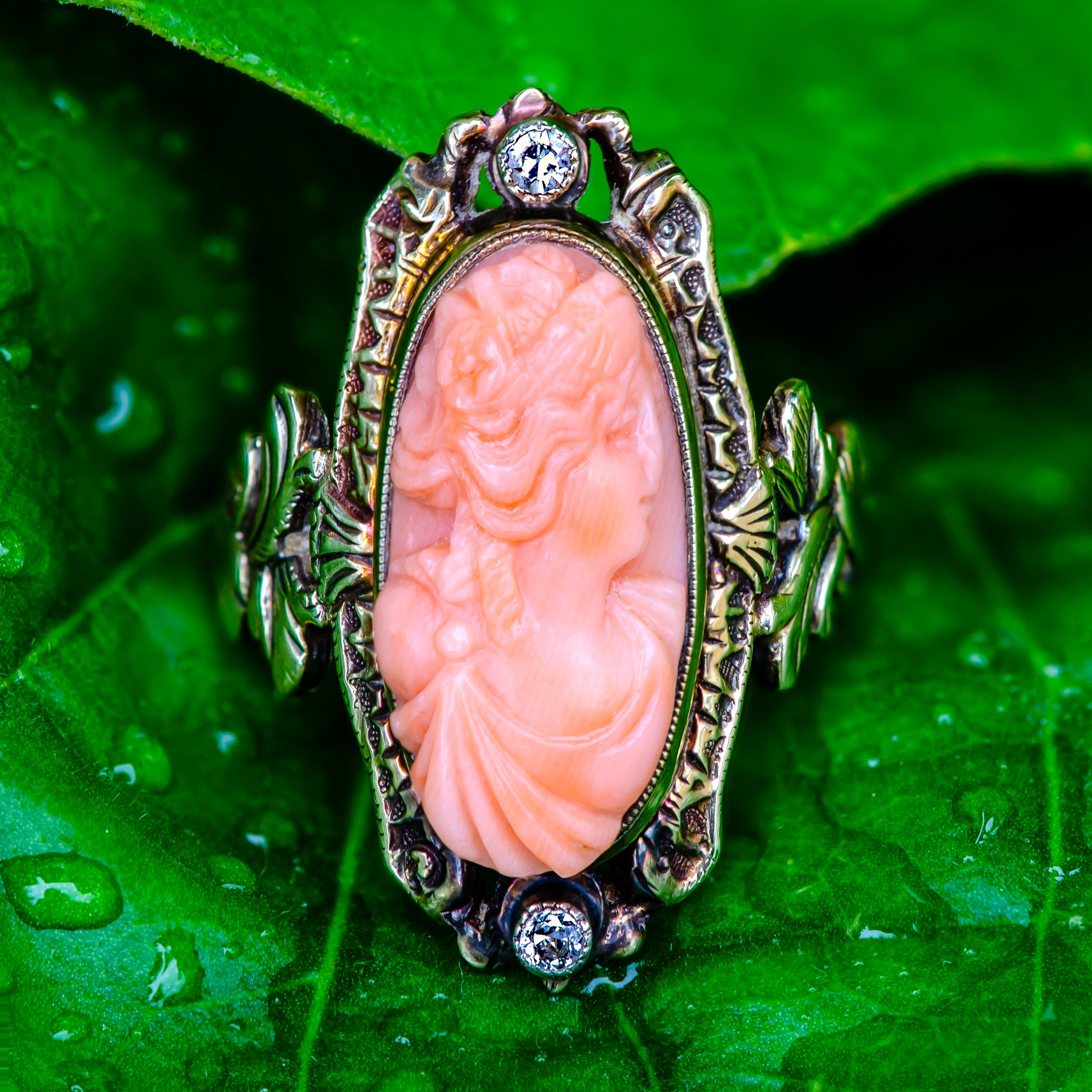 Lovely circa 1895 Late Victorian Coral Cameo and Diamond Ring For Sale 1