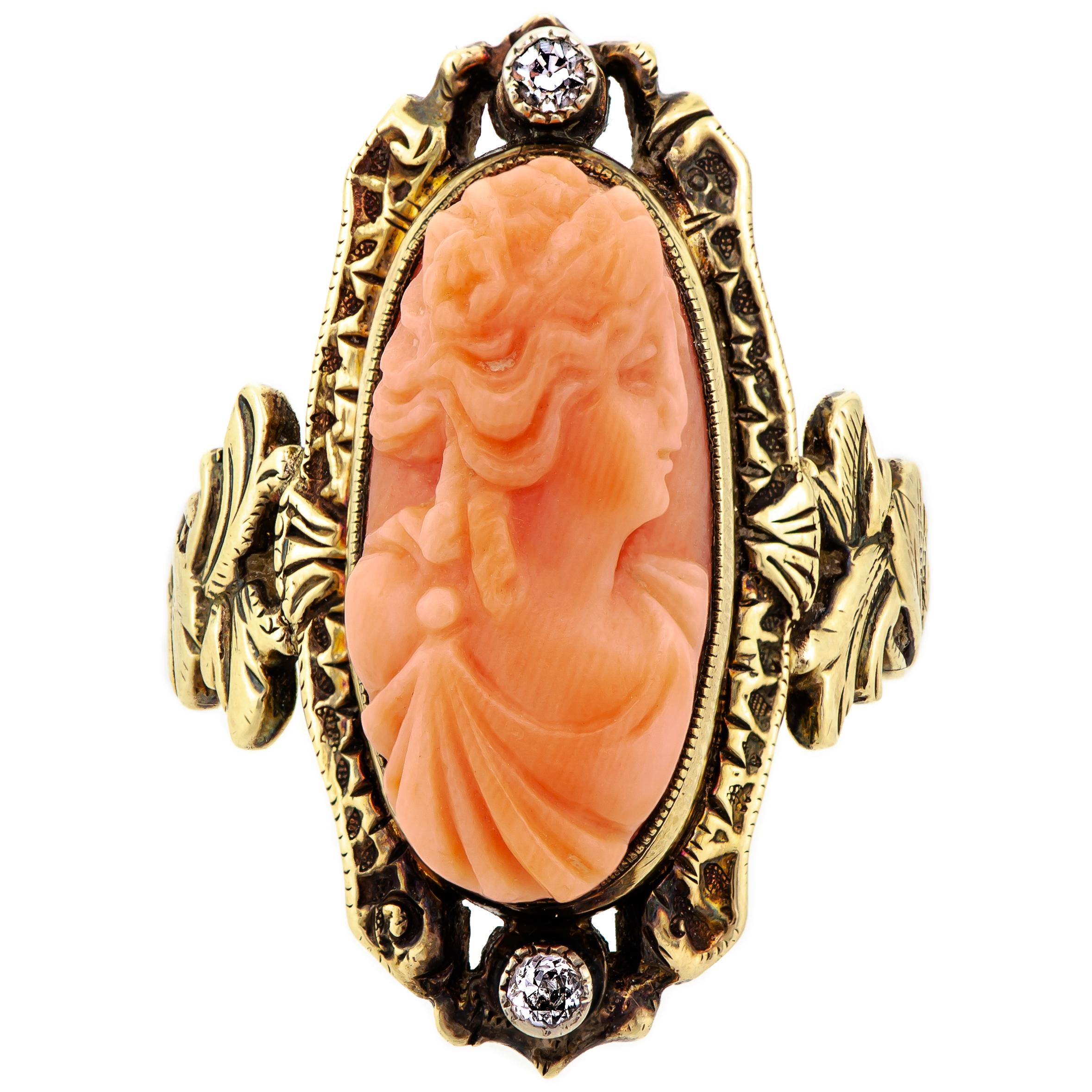 Lovely circa 1895 Late Victorian Coral Cameo and Diamond Ring For Sale