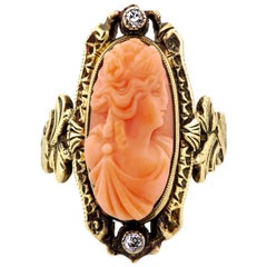 Antique Lovely circa 1895 Late Victorian Coral Cameo and Diamond Ring