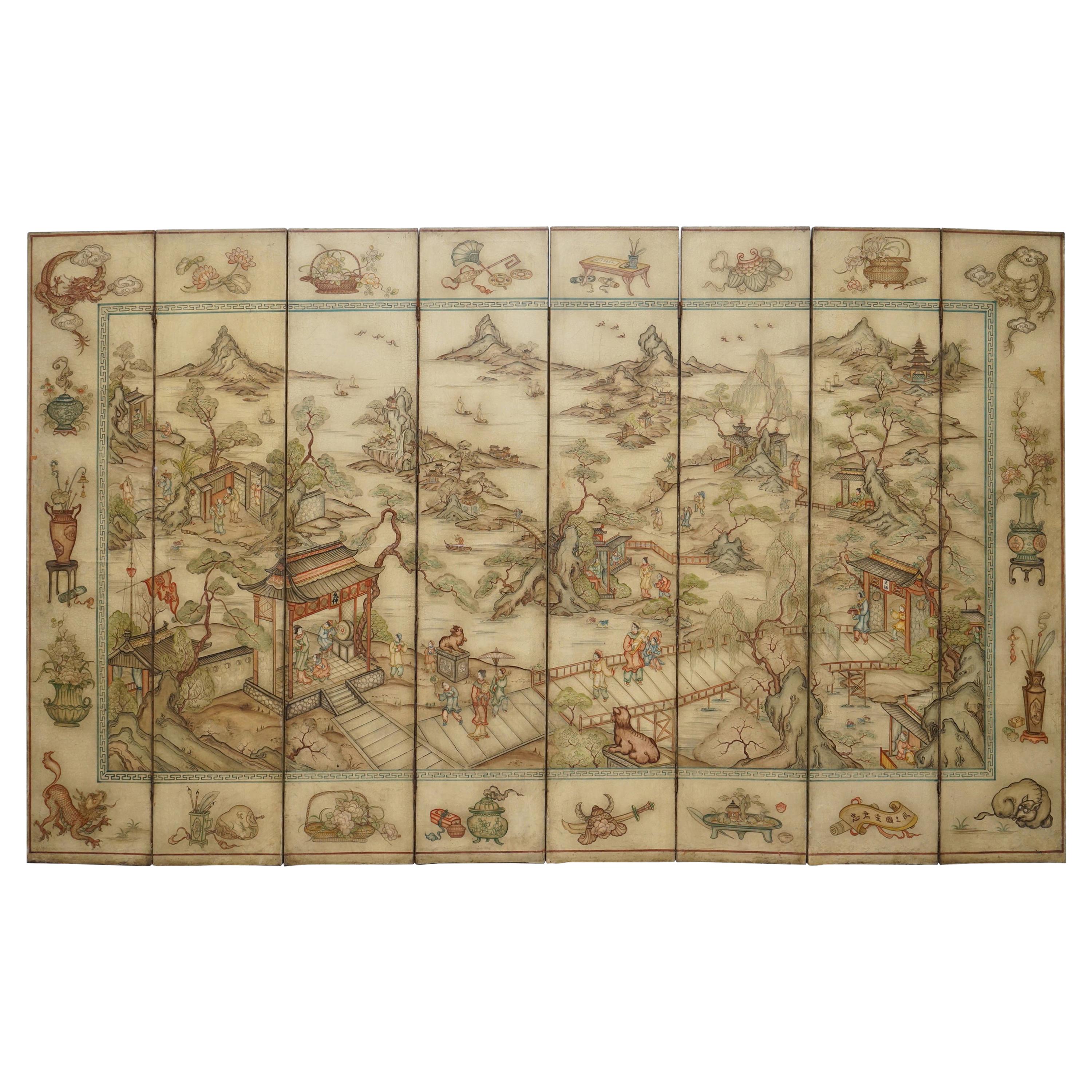 Lovely circa 1900-1920 Qing Dynasty Canvas Chinese 8-Panel Folding Screen