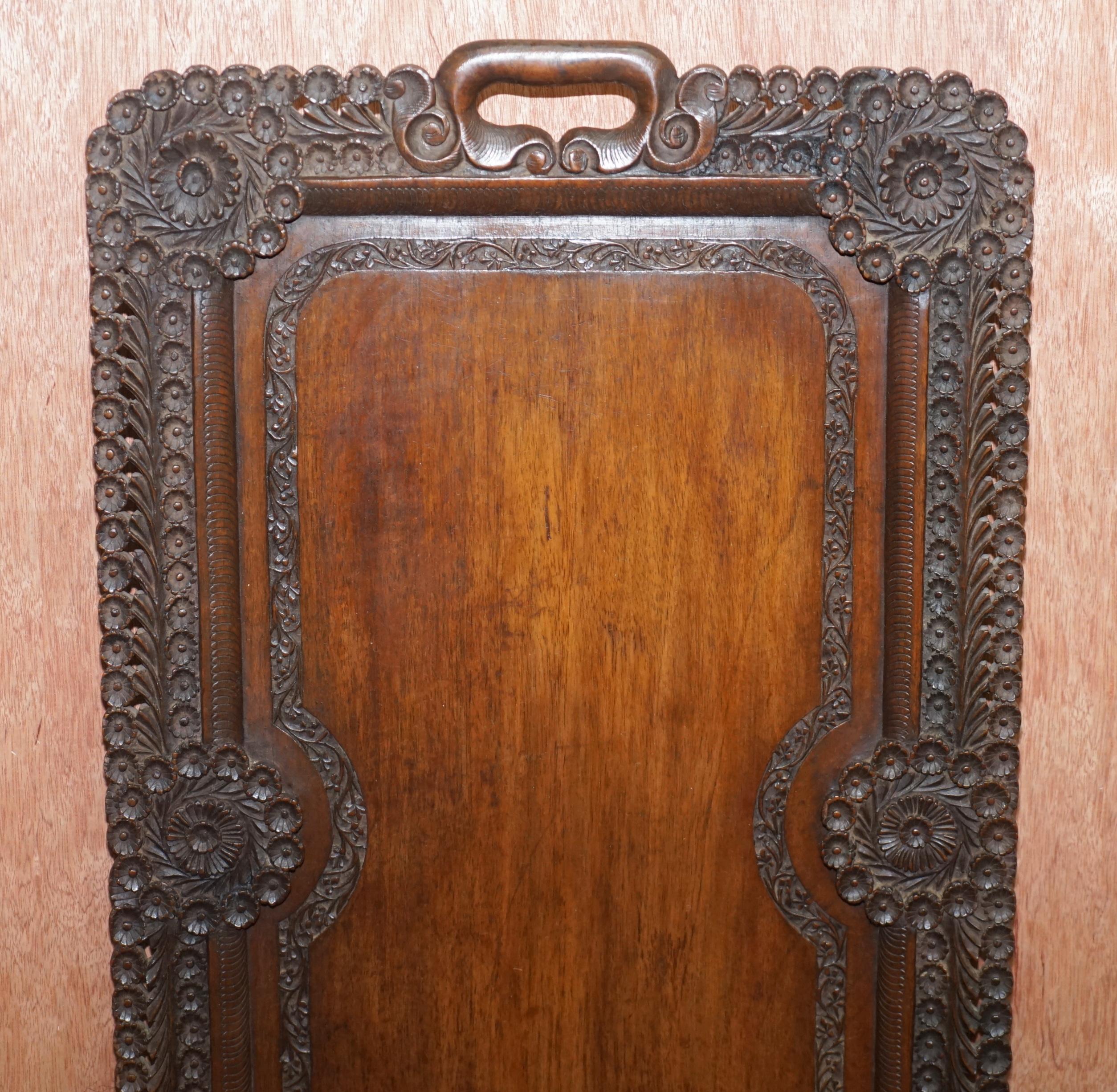Hand-Carved Lovely circa 1900 Anglo-Indian Hand Carved Burmese Wood Serving Tray