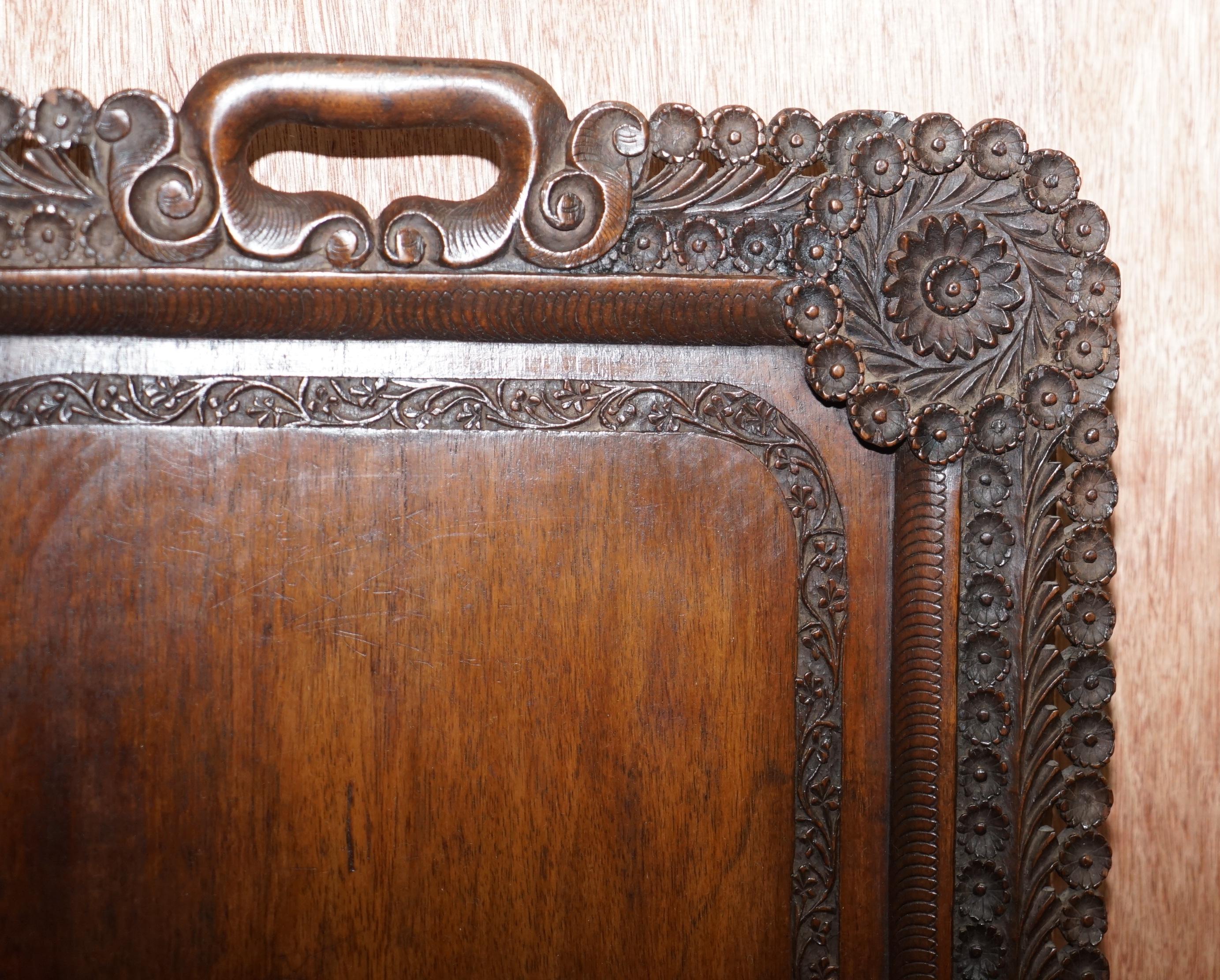 Mahogany Lovely circa 1900 Anglo-Indian Hand Carved Burmese Wood Serving Tray