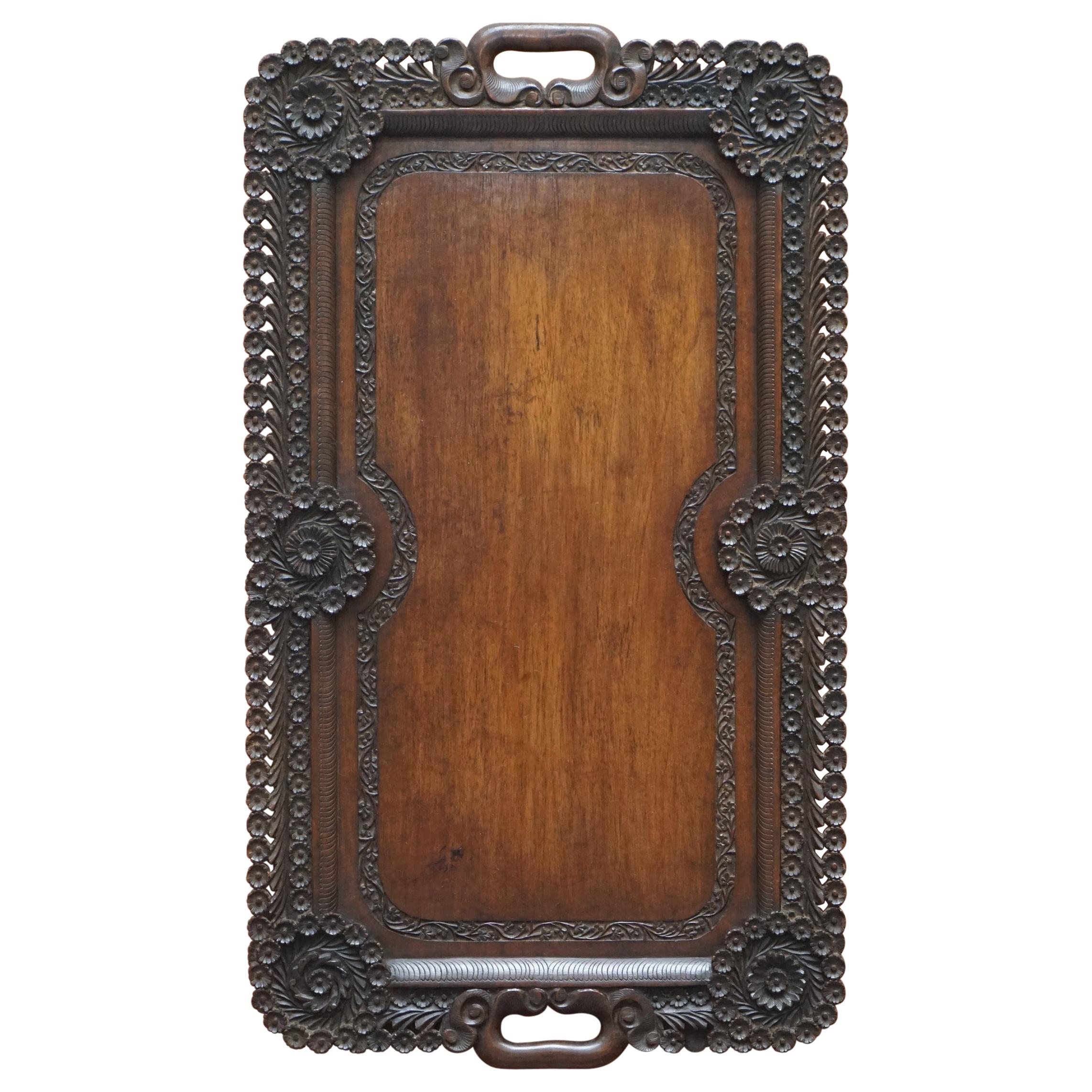 Lovely circa 1900 Anglo-Indian Hand Carved Burmese Wood Serving Tray