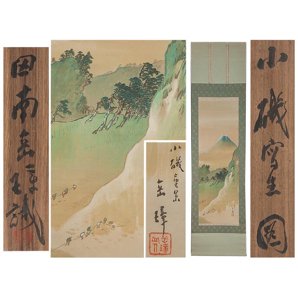 Lovely circa 1900 C-Scroll Gemälde Japan Künstler signiert Figuren in der Landschaft im Angebot