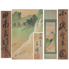 Lovely circa 1900 C-Scroll Paintings Japan Artist Signed Figures in Landscape