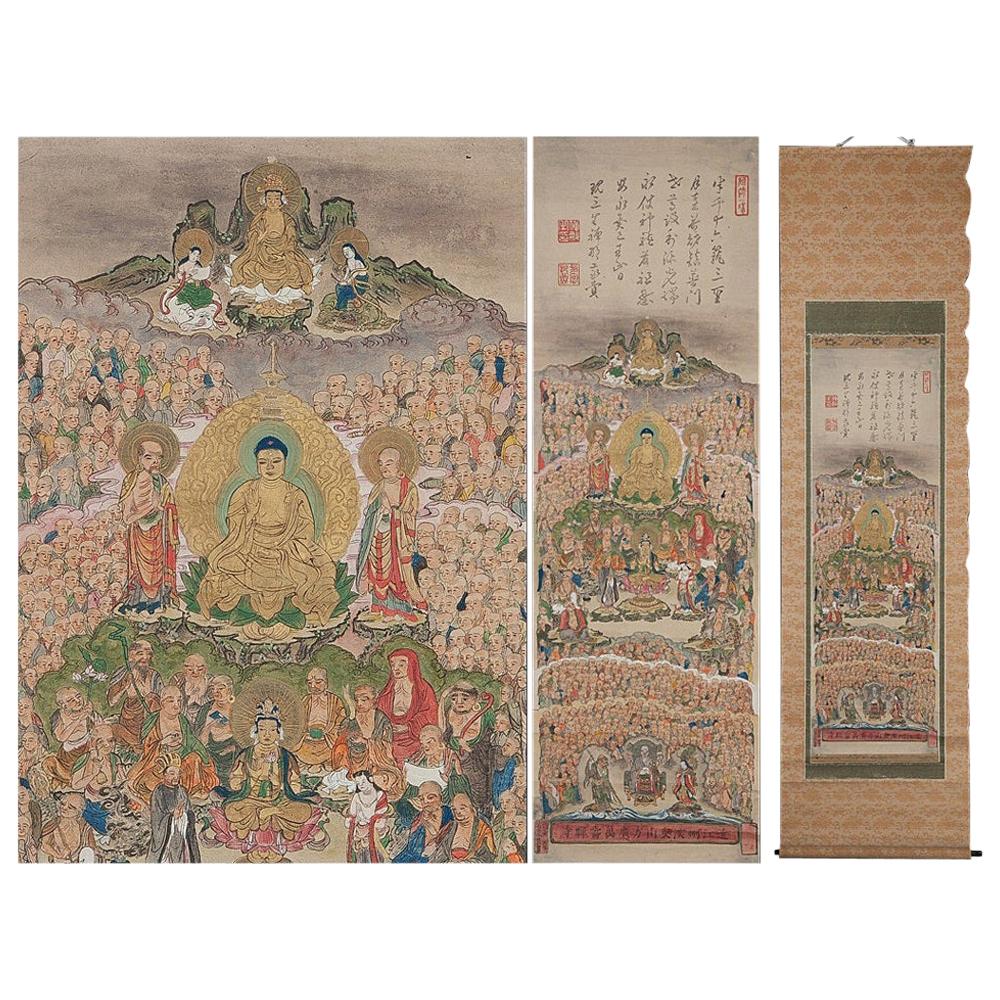 Lovely circa 1900 C-Scroll Woodblock Japan Handcolored Buddhist 500 For Sale