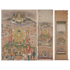 Lovely circa 1900 C-Scroll Woodblock Japan Handcolored Buddhist 500