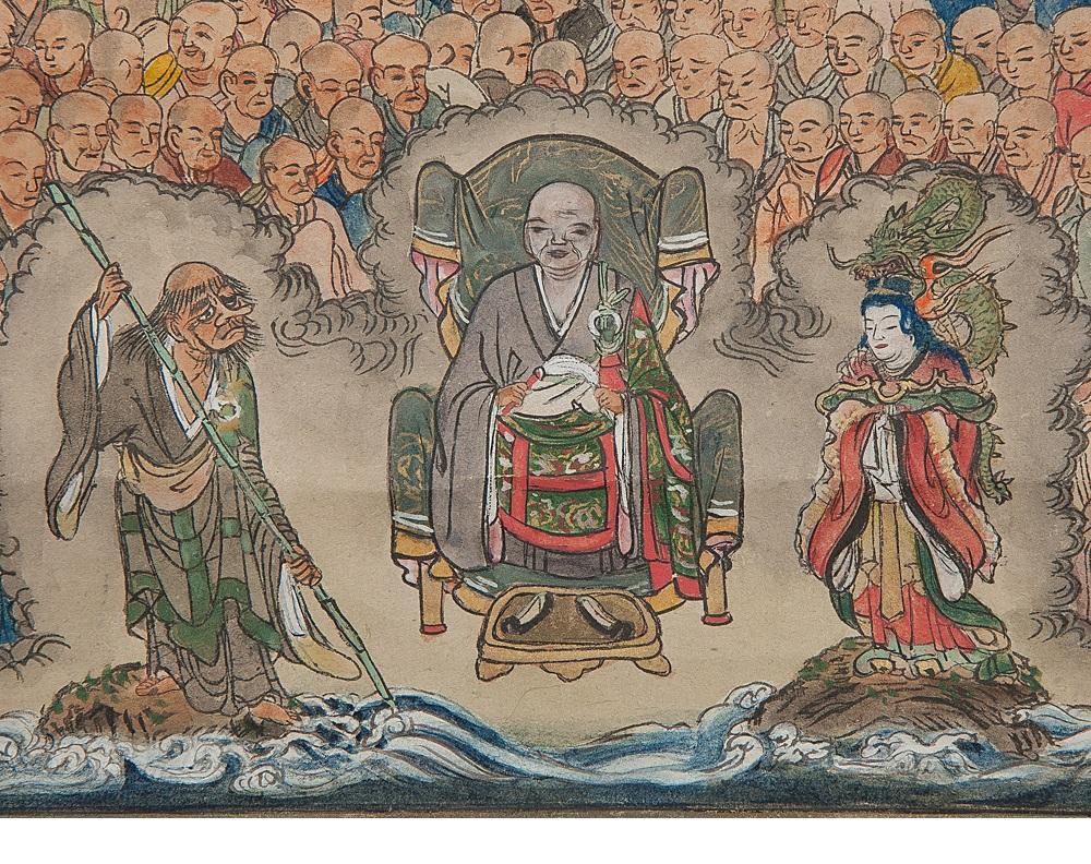 Meiji Lovely circa 1900 C-Scroll Woodblock Japan Handcolored Buddhist 500 For Sale