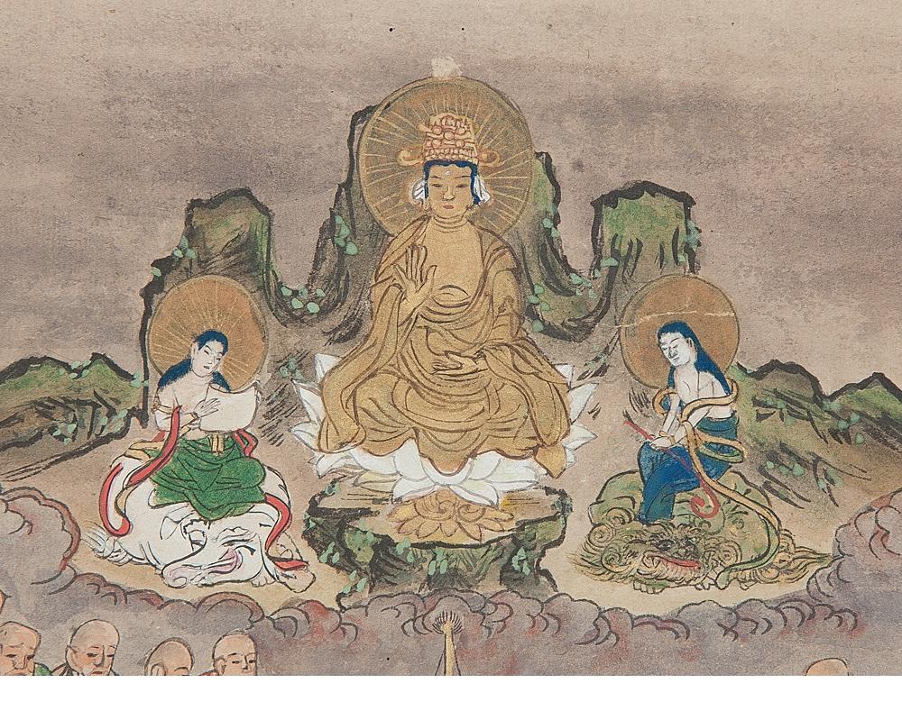 Lovely circa 1900 C-Scroll Woodblock Japan Handcolored Buddhist 500 In Good Condition For Sale In Amsterdam, Noord Holland