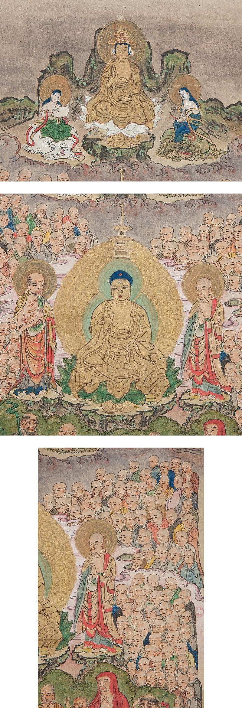 Grazioso C-Scroll Woodblock Japan del 1900 circa, colorato a mano, buddista 500 in vendita 2