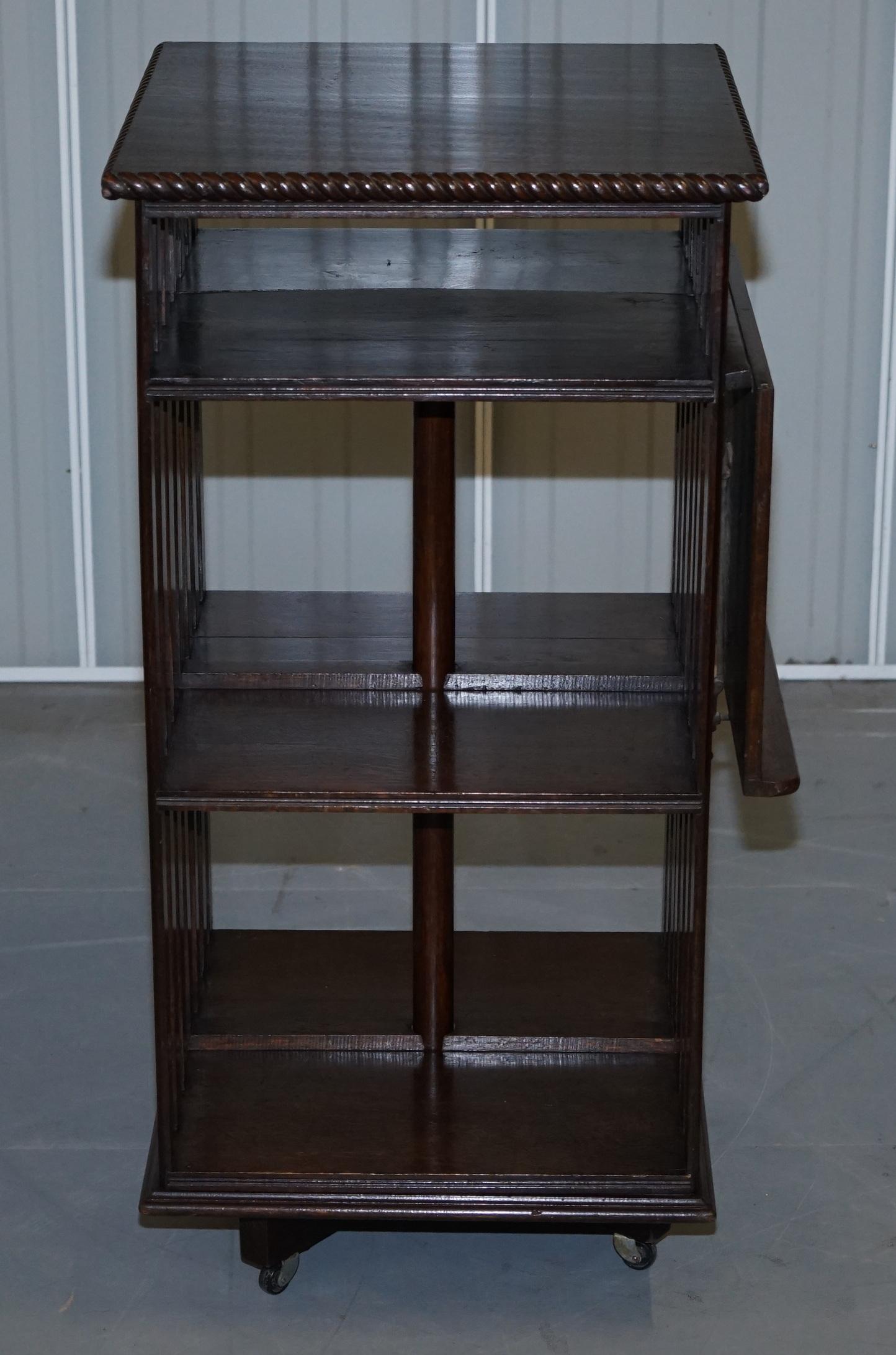 Lovely circa 1900 Edwardian Solid Oak Revolving Bookcase with Lift Up Desk Piece 5