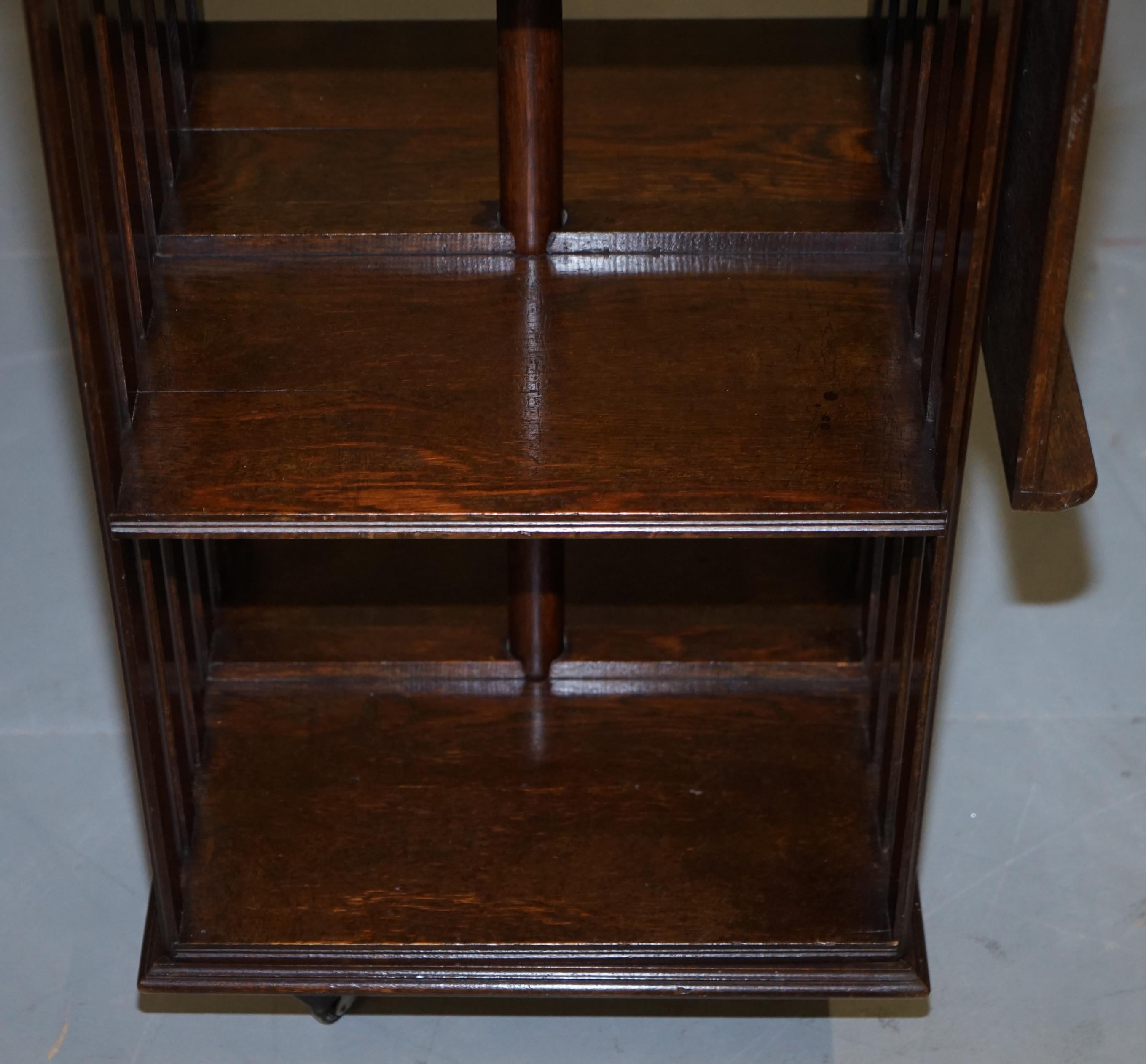 Lovely circa 1900 Edwardian Solid Oak Revolving Bookcase with Lift Up Desk Piece 6