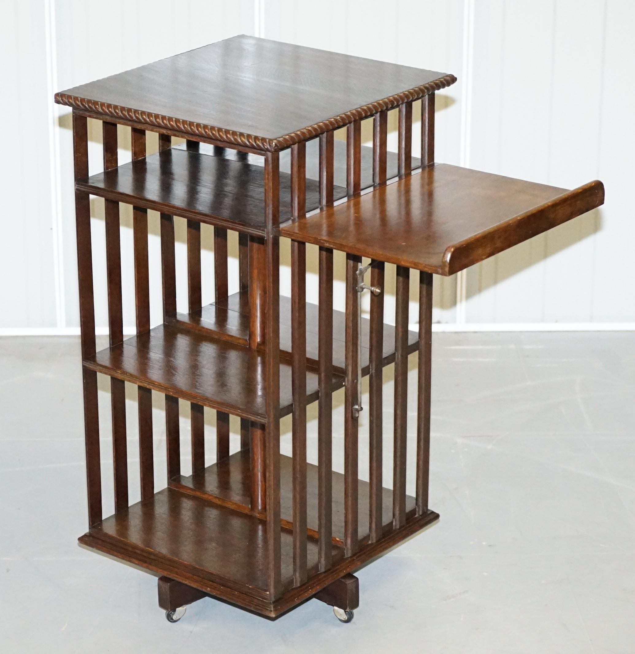 Lovely circa 1900 Edwardian Solid Oak Revolving Bookcase with Lift Up Desk Piece 6