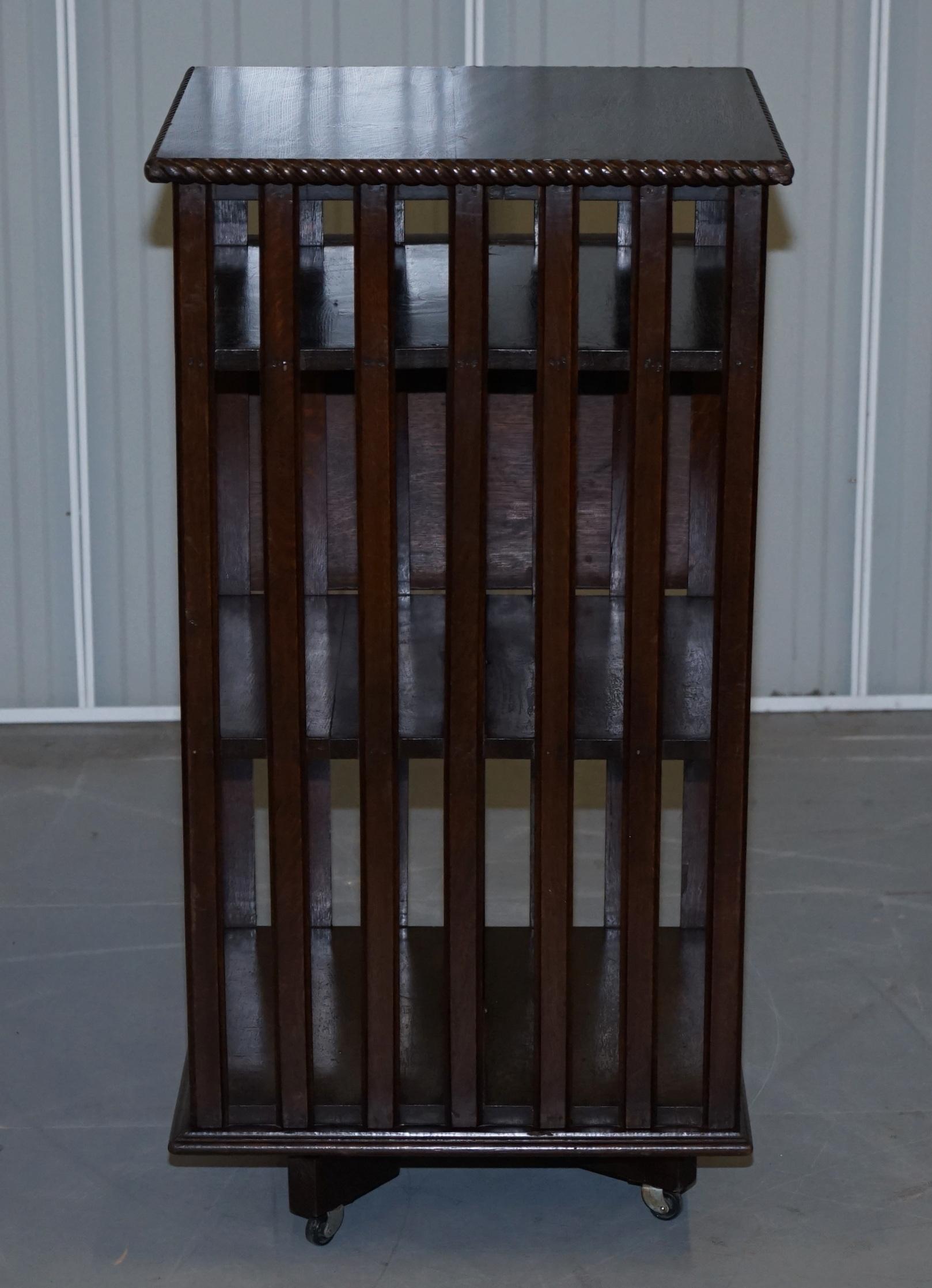 Lovely circa 1900 Edwardian Solid Oak Revolving Bookcase with Lift Up Desk Piece 1