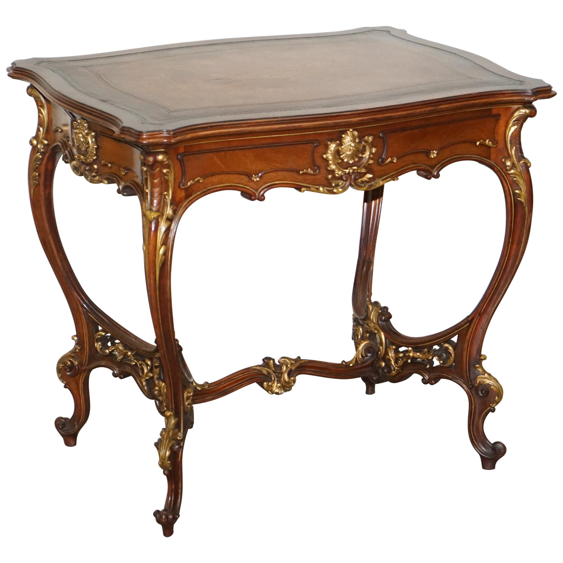 Lovely circa 1900 Late Victorian French Pine Brown Leather Gold Gilt Desk Table For Sale