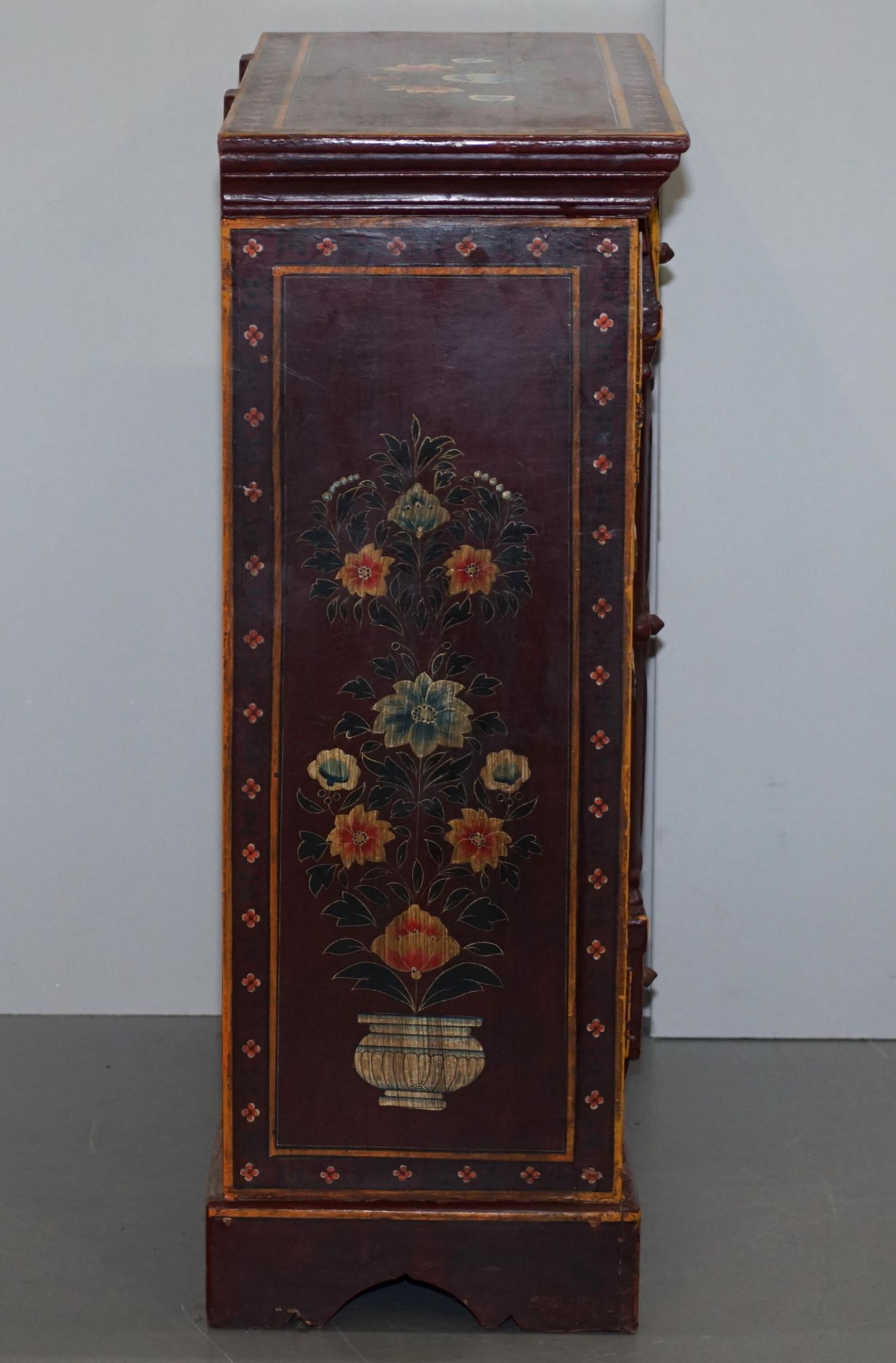 Lovely circa 1900 Oriental Hand Painted Side Cupboard Bookcase Metal Strap Work For Sale 4