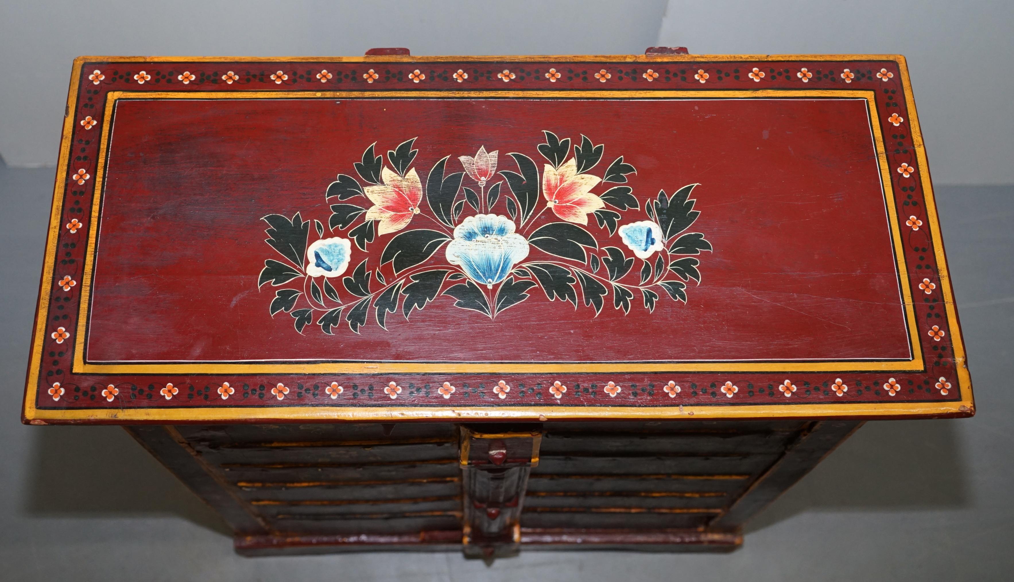 Chinese Export Lovely circa 1900 Oriental Hand Painted Side Cupboard Bookcase Metal Strap Work For Sale
