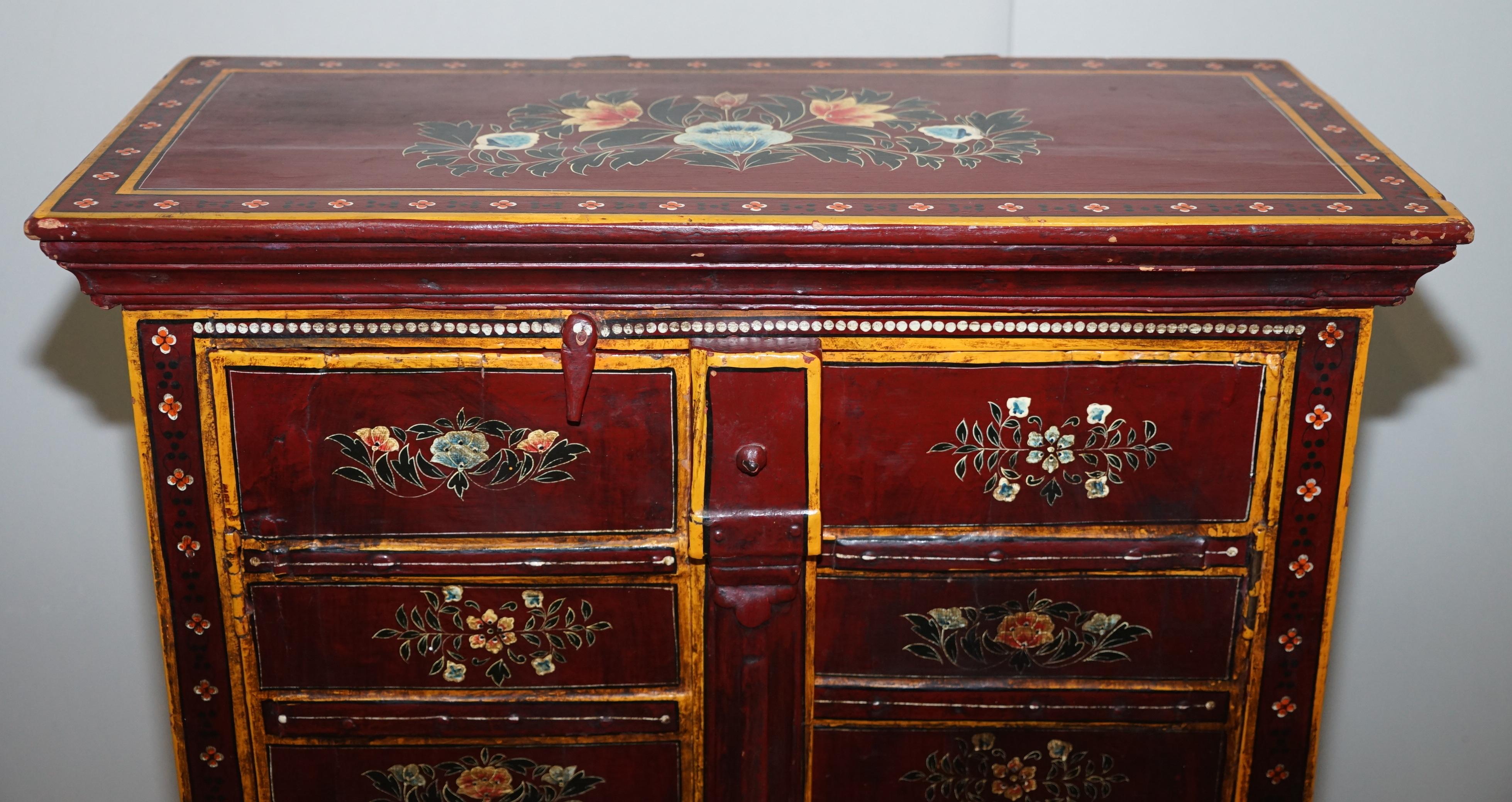 Chinese Lovely circa 1900 Oriental Hand Painted Side Cupboard Bookcase Metal Strap Work For Sale