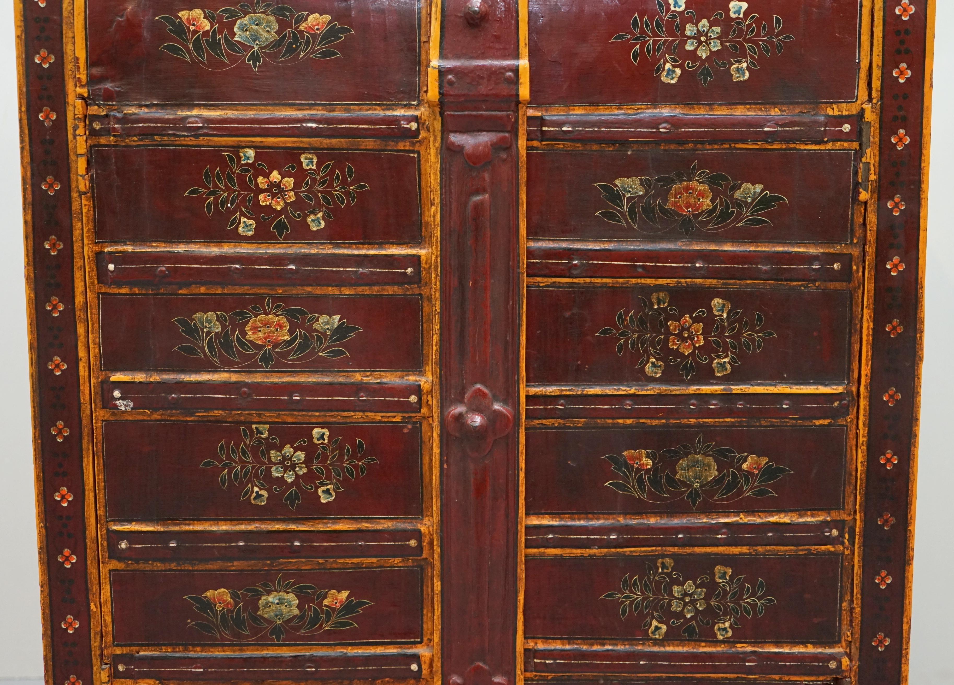 Hand-Crafted Lovely circa 1900 Oriental Hand Painted Side Cupboard Bookcase Metal Strap Work For Sale