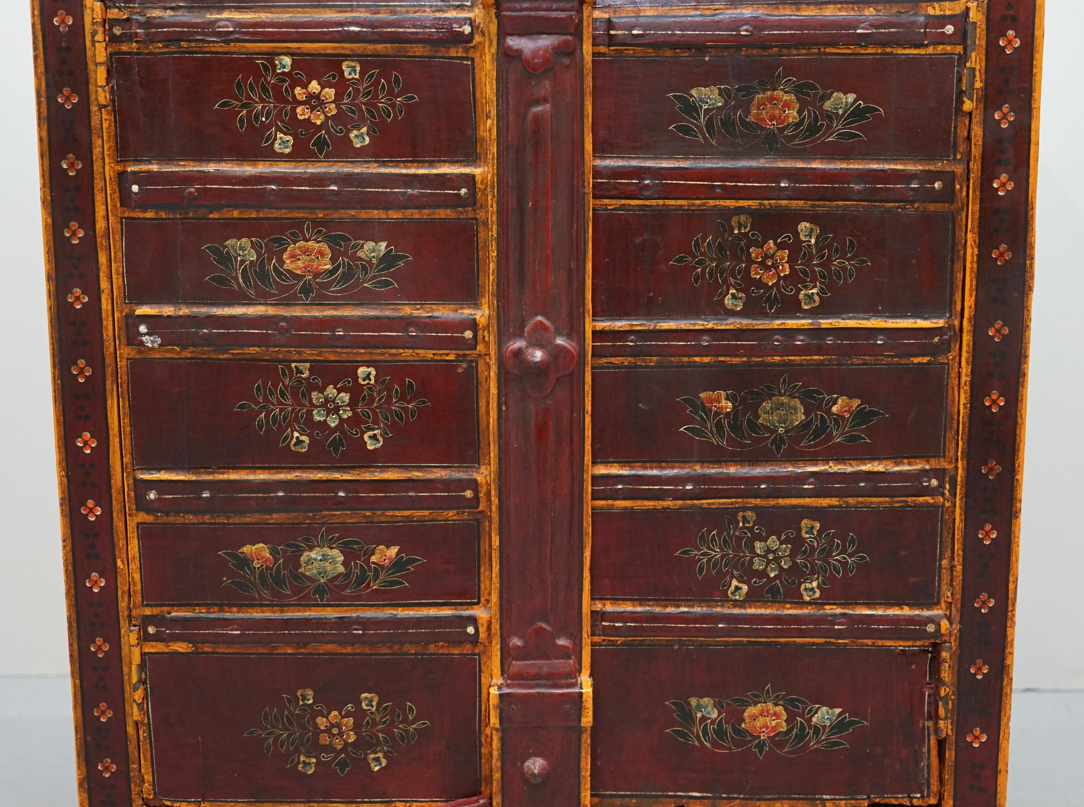 Early 20th Century Lovely circa 1900 Oriental Hand Painted Side Cupboard Bookcase Metal Strap Work For Sale