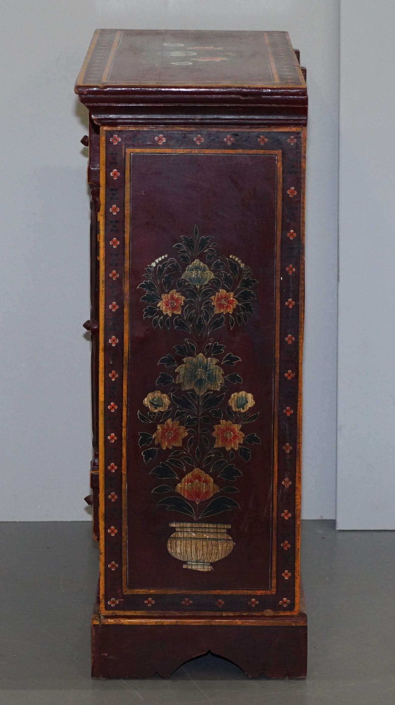 Lovely circa 1900 Oriental Hand Painted Side Cupboard Bookcase Metal Strap Work For Sale 2